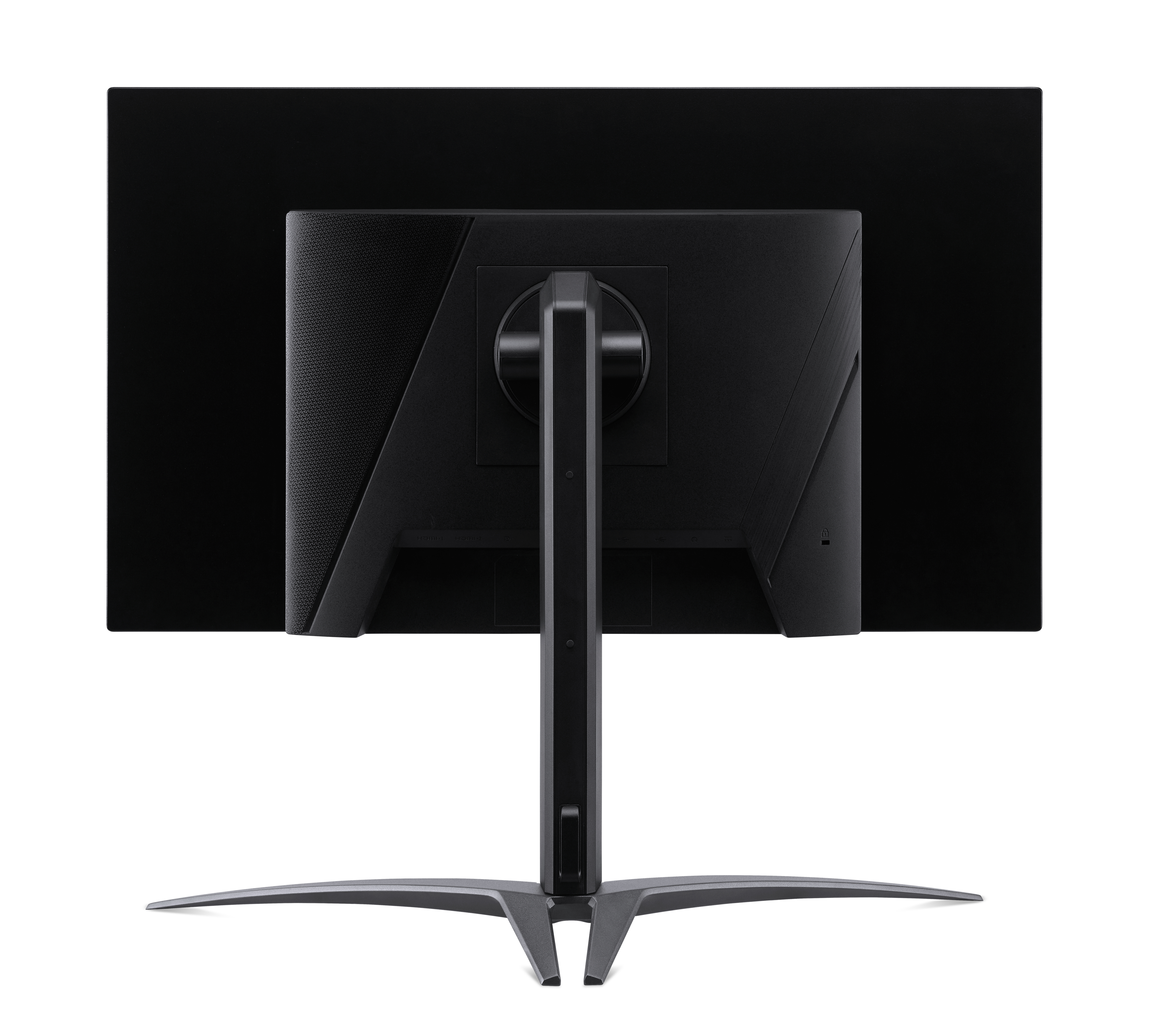 Widok z tyłu czarnego monitora, pokazujący podstawę i tył ekranu.