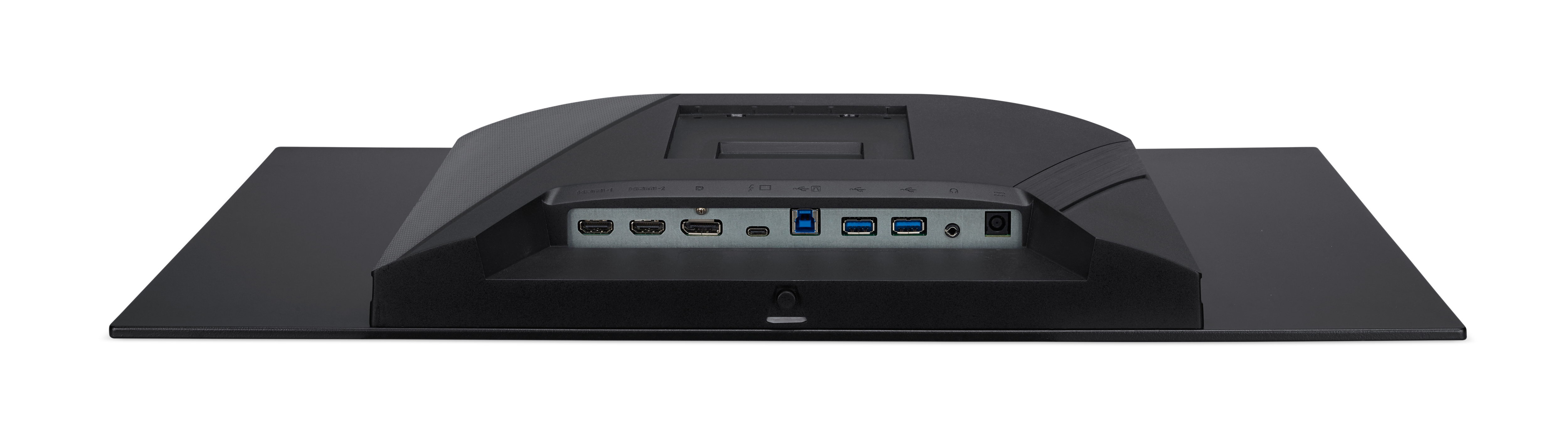 Widok z tyłu czarnego monitora komputera z różnymi portami. Widoczne wejścia USB, HDMI i zasilania.