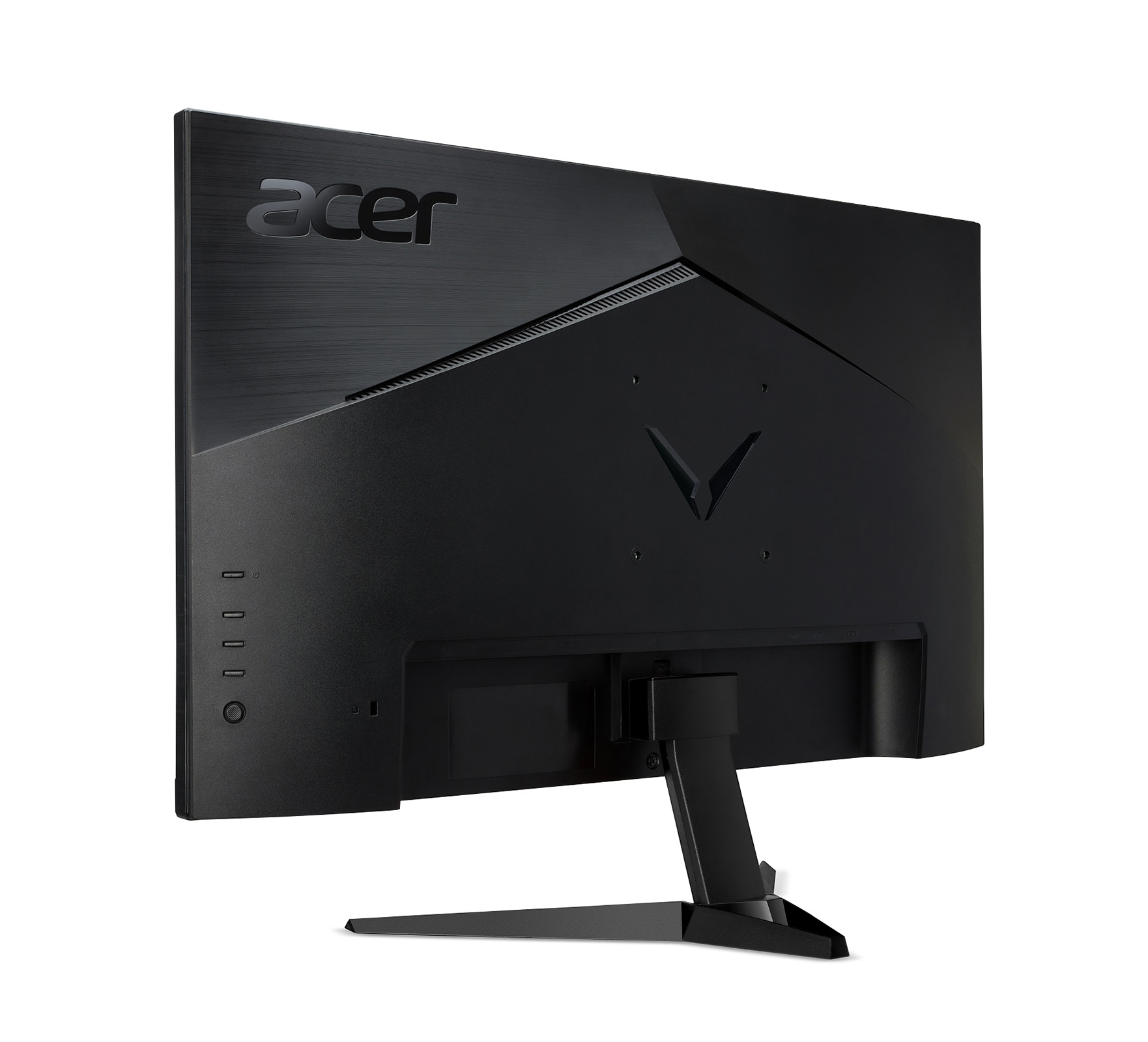 Die Rückansicht eines schwarzen Acer-Monitors mit Acer-Logo und Ständer.