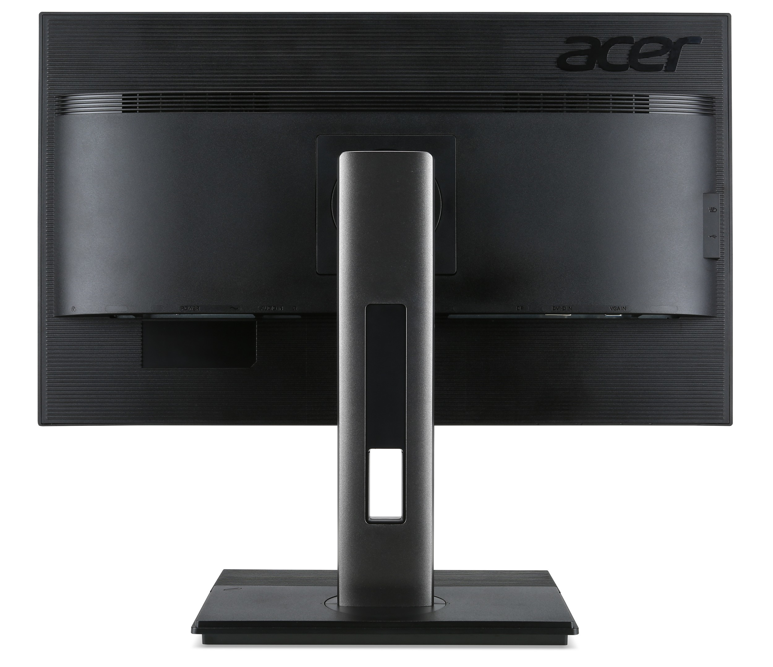 Parte trasera del monitor de computadora negro con puertos y soporte.