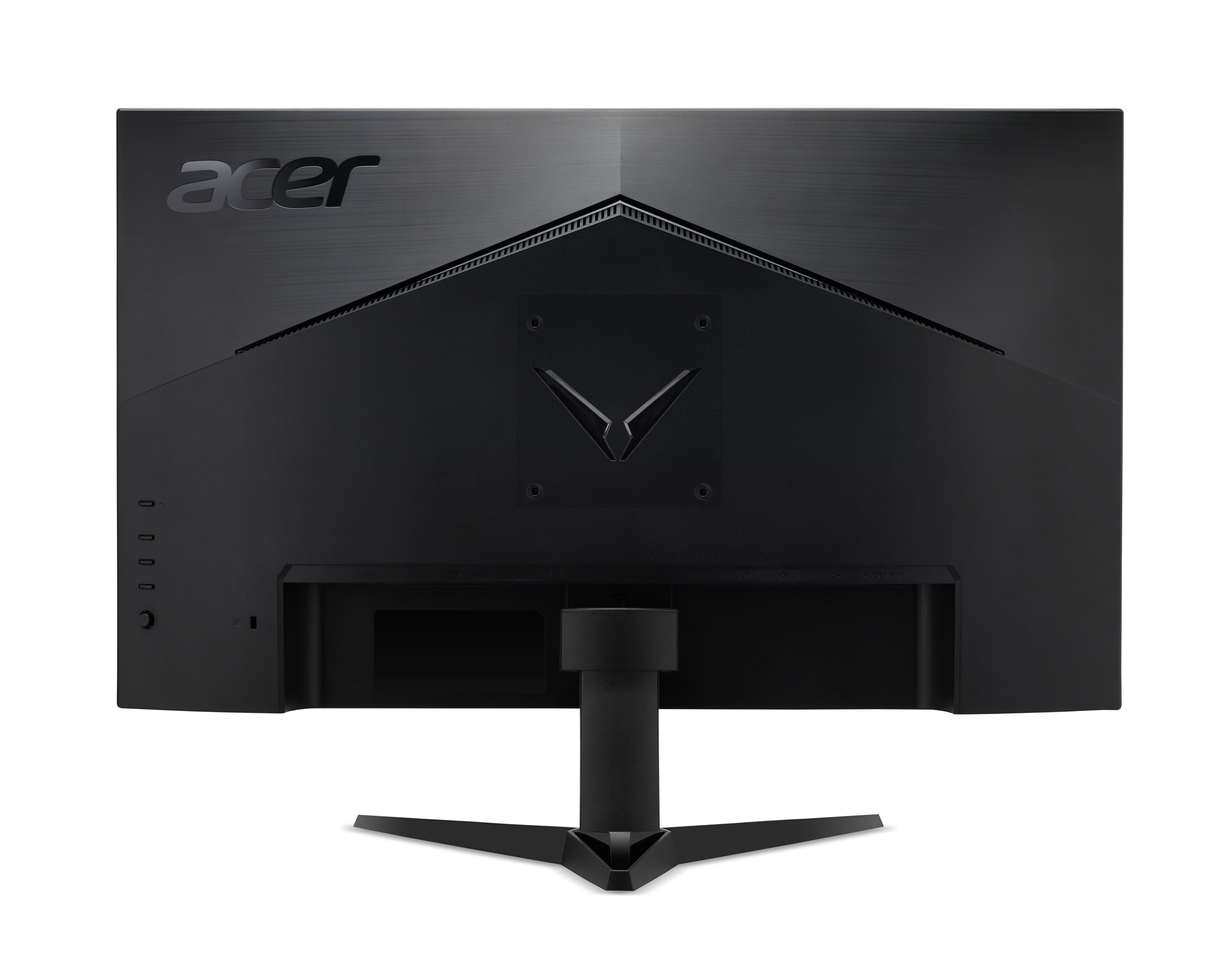 Tył czarnego monitora Acer. Widoczne logo Acer. Wsporniki i porty na dole.