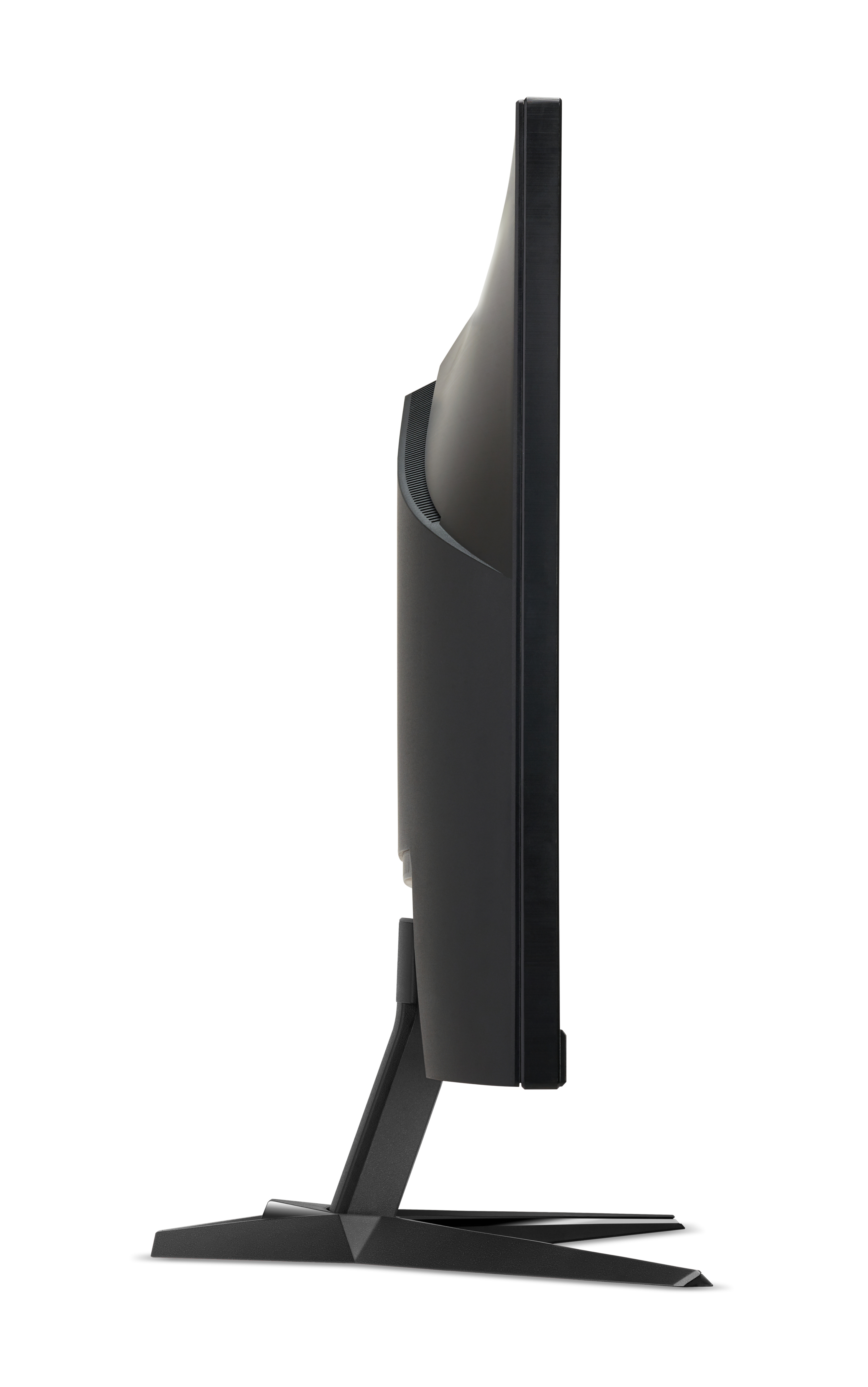 Widok z boku czarnego monitora. Smukła konstrukcja, ze stojakiem i podstawą.