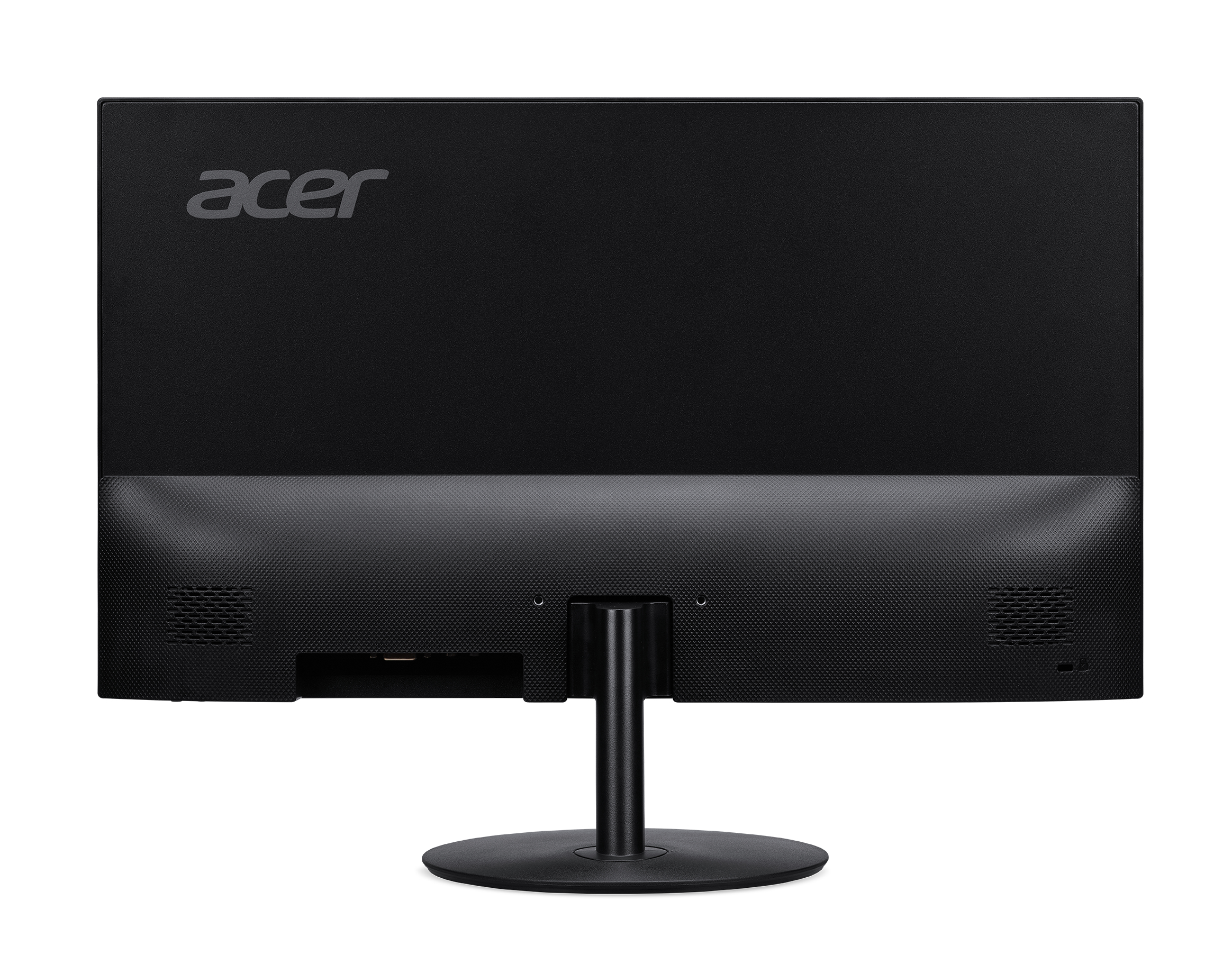 Monitor per computer Acer nero, vista posteriore. Logo Acer in alto. Sfondo bianco.