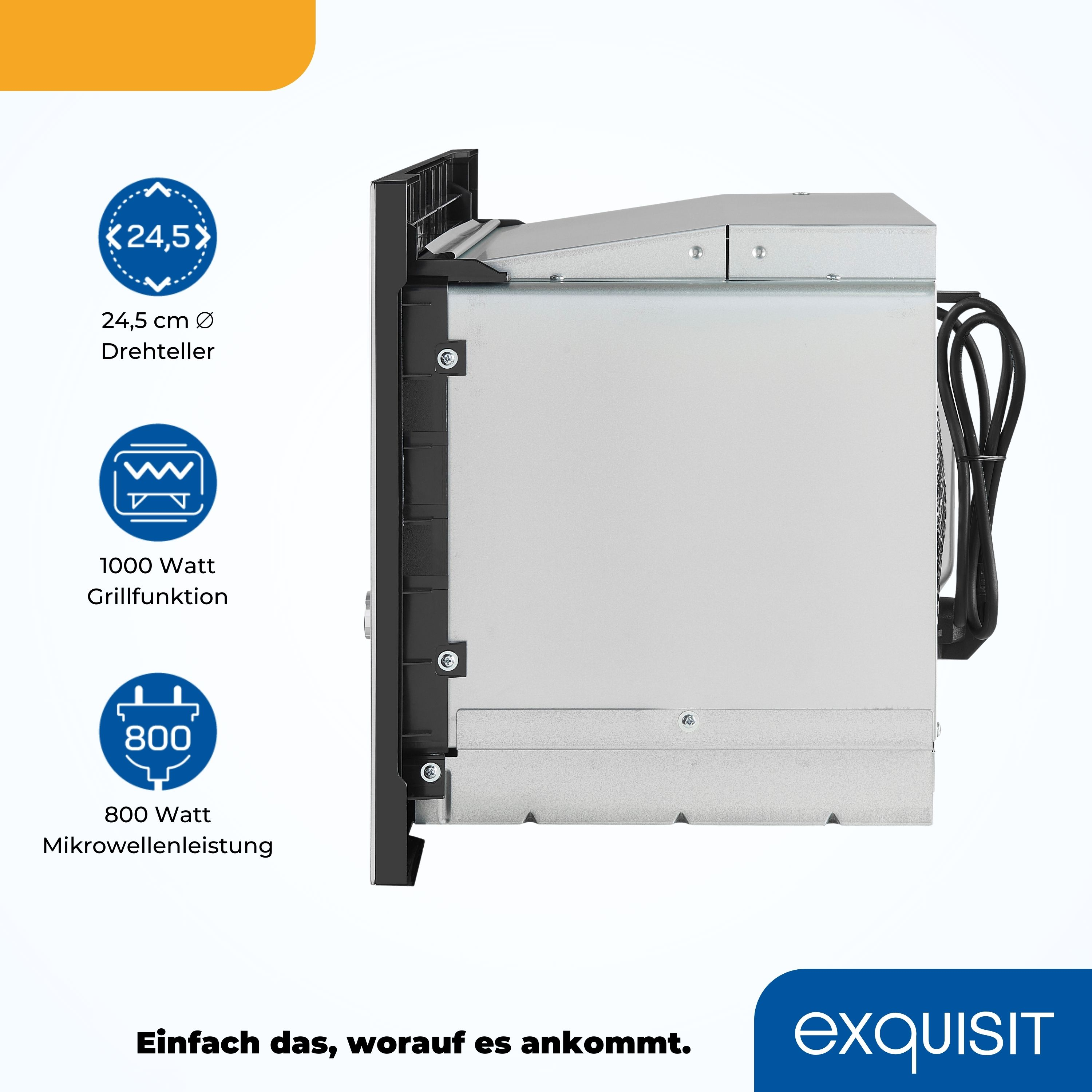 Mikrowelle Seitenansicht mit Textlabels für Funktionen und Exquisit Logo.