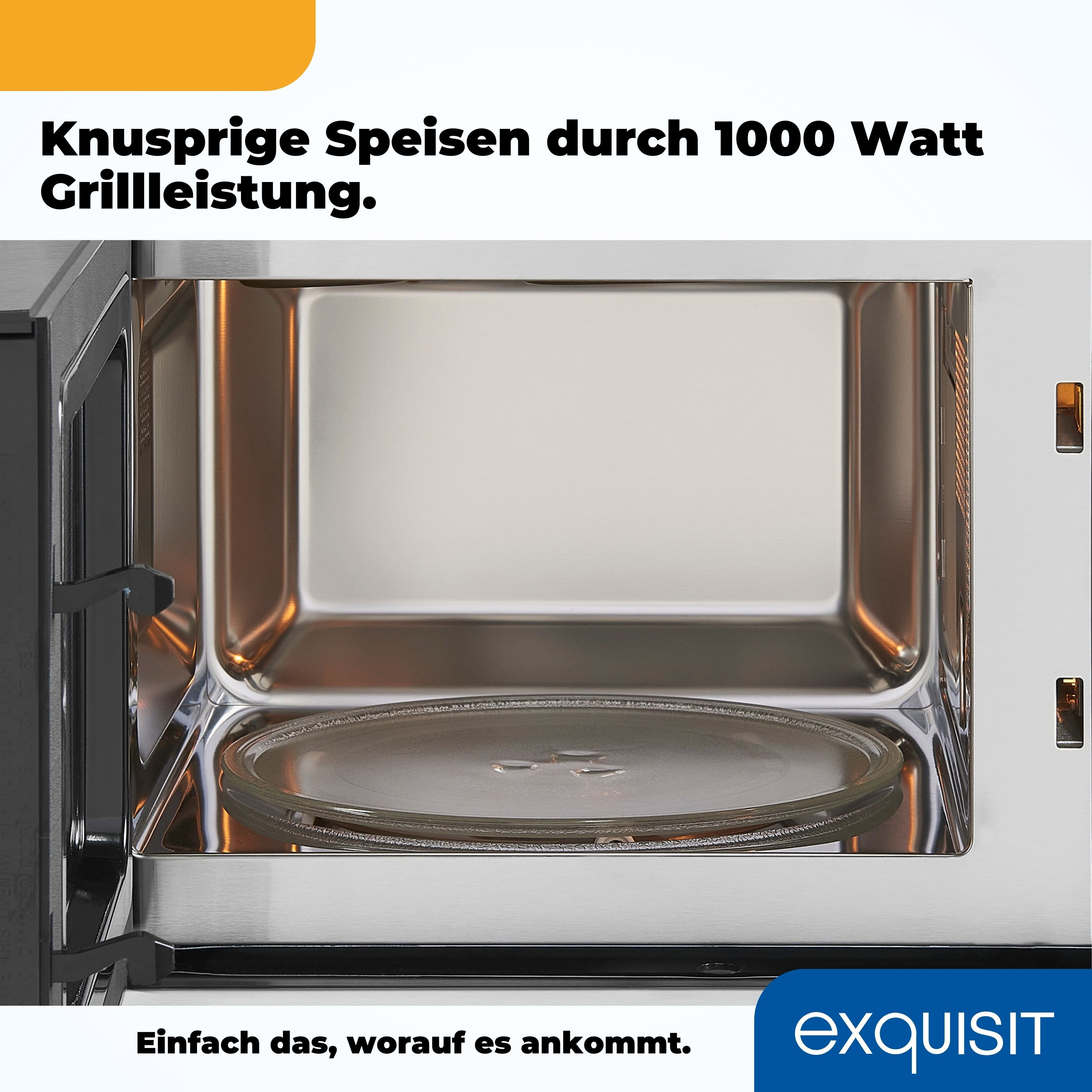 Nahaufnahme des Mikrowelleninneren mit Glasplatte; Text über Grillen.