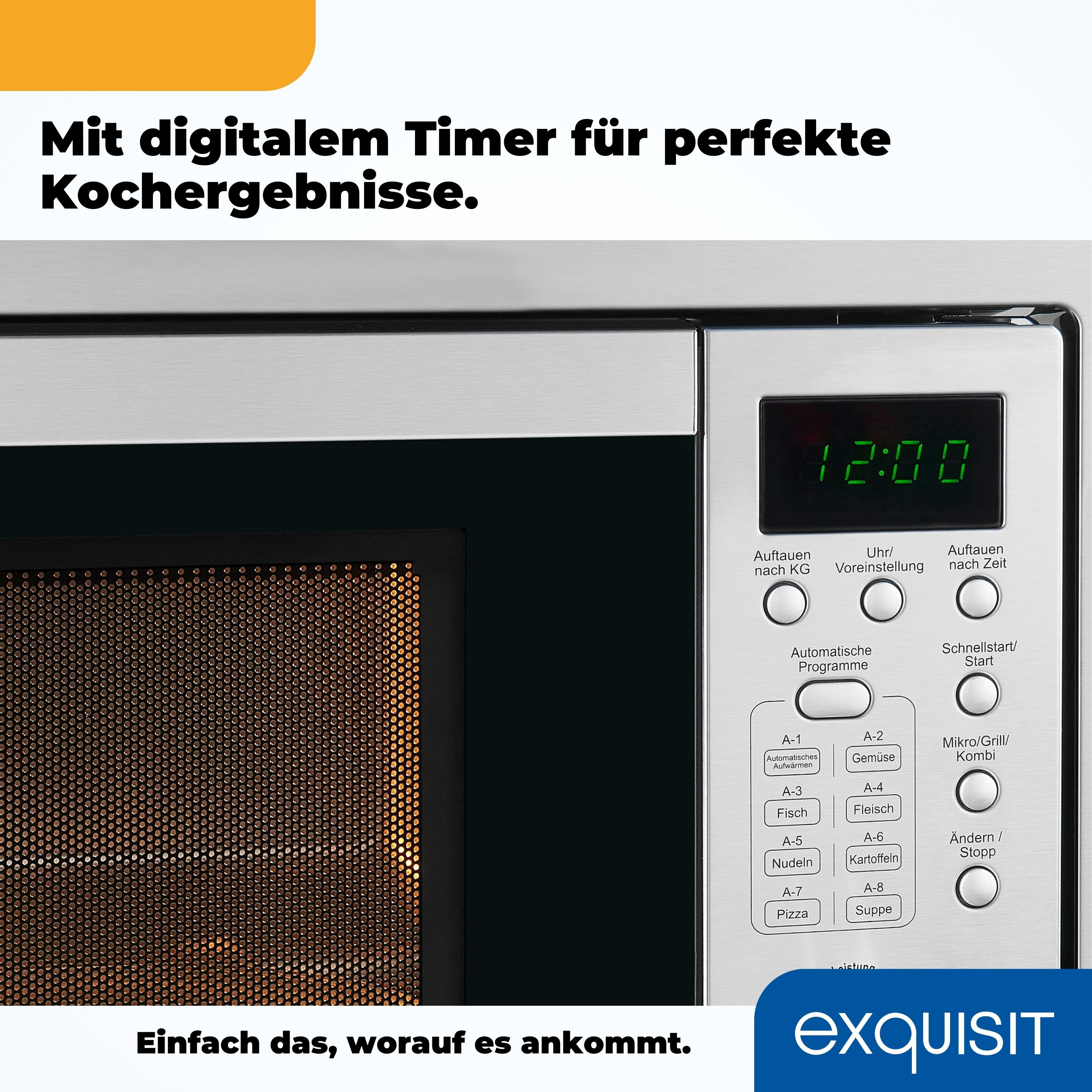 Nahaufnahme des Bedienfelds eines Mikrowellenherds mit einer Digitaluhr.