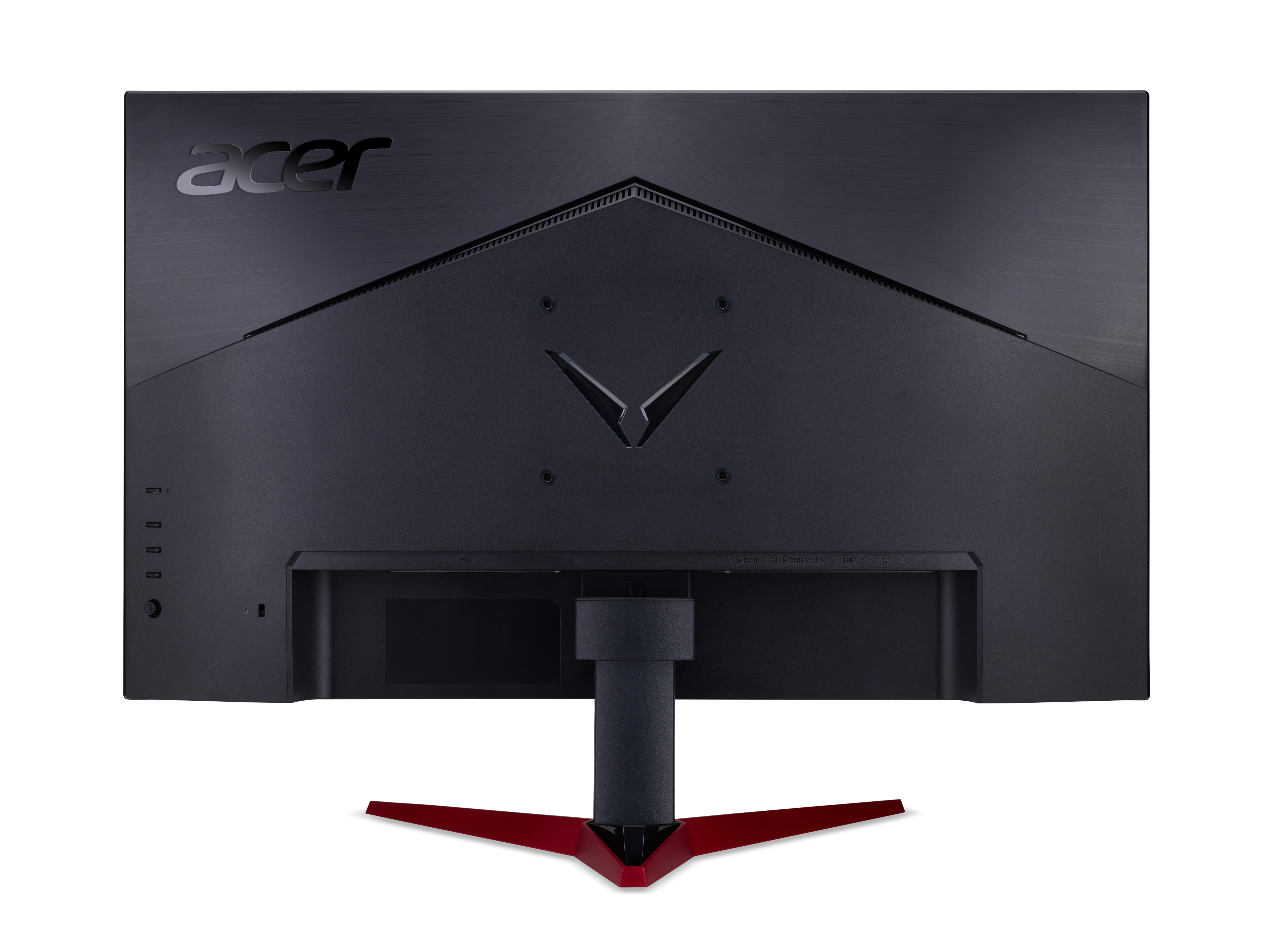 Retro del monitor gaming Acer, design nero e rosso, logo Acer in alto, design a forma di V.