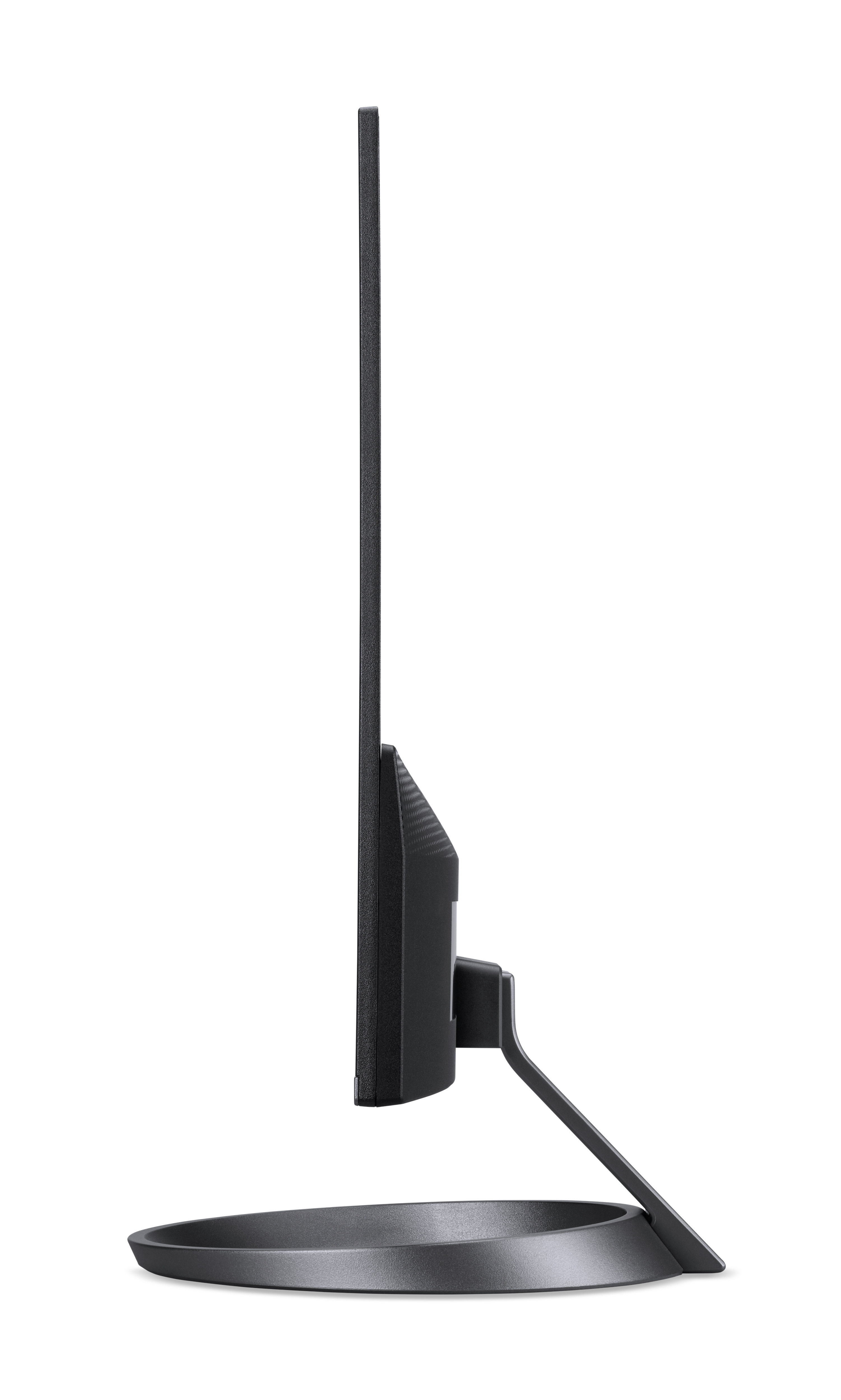 Czarny monitor komputerowy, widok z boku. Ekran jest wyłączony, a stojak go podtrzymuje.