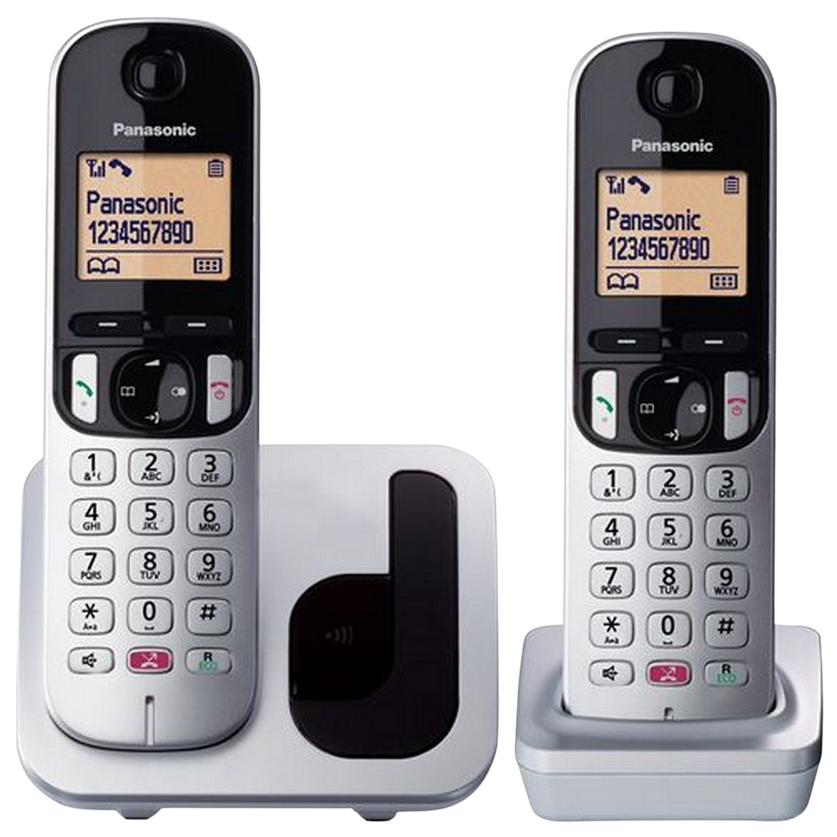 Due telefoni cordless Panasonic su una base, con schermi che mostrano i numeri di telefono.