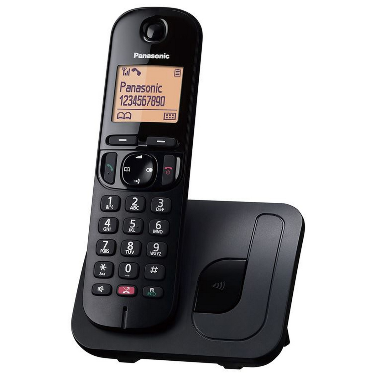 Base e portatile per telefono cordless nero. Il portatile visualizza un numero di telefono e altre informazioni.