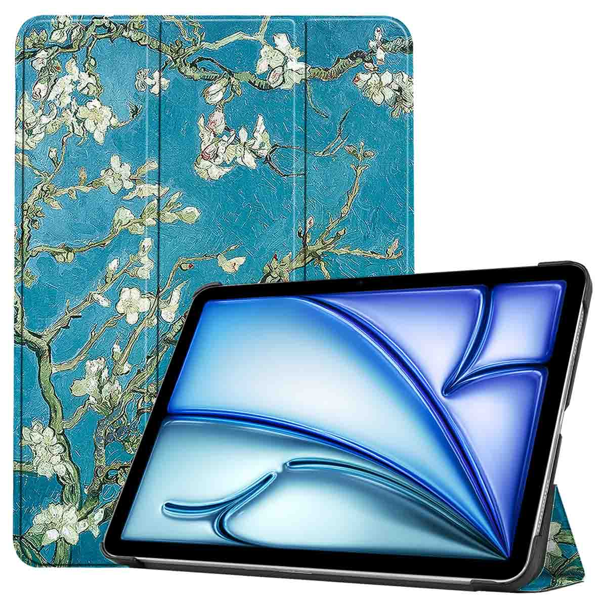 Teal tablet case with a Van Gogh painting design. Tablet with a bright blue screen.