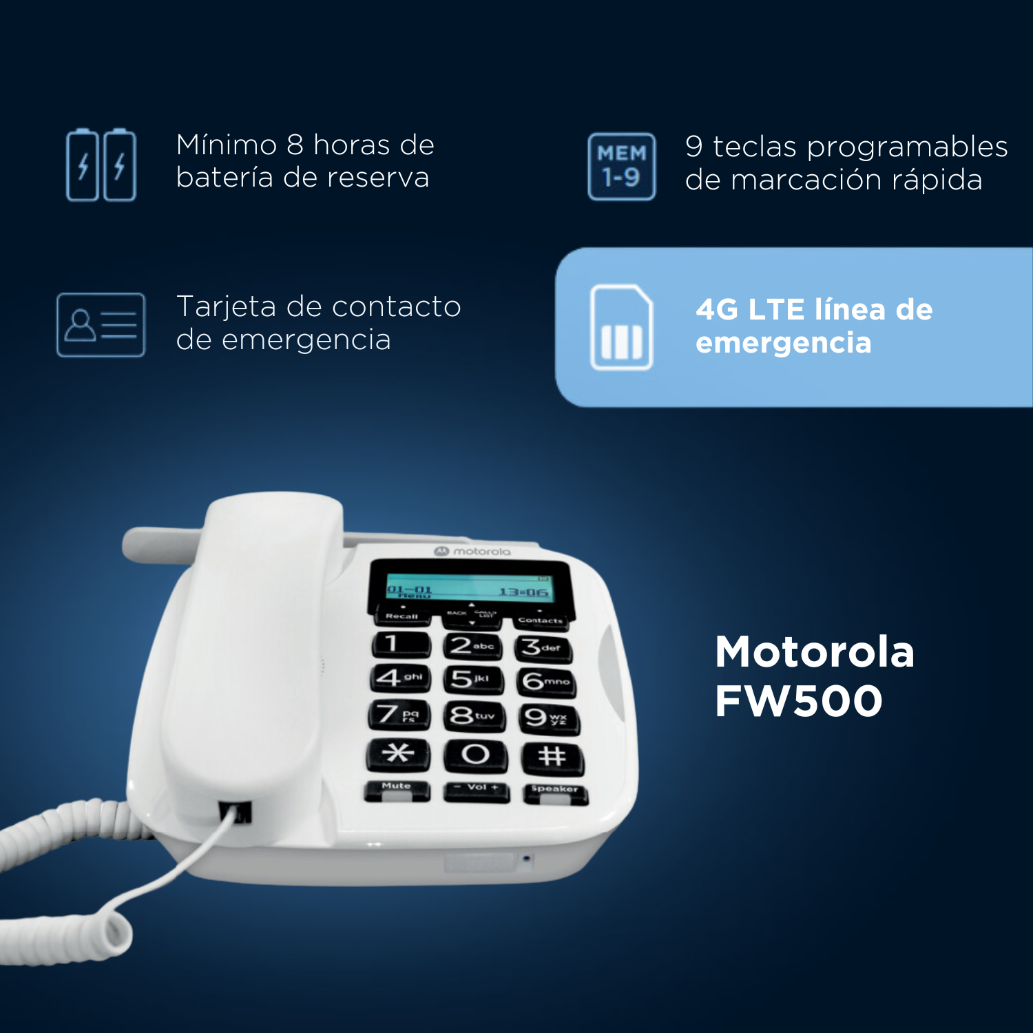 Teléfono Motorola FW500 blanco. Tiene botones y una pantalla pequeña. Se muestra información.