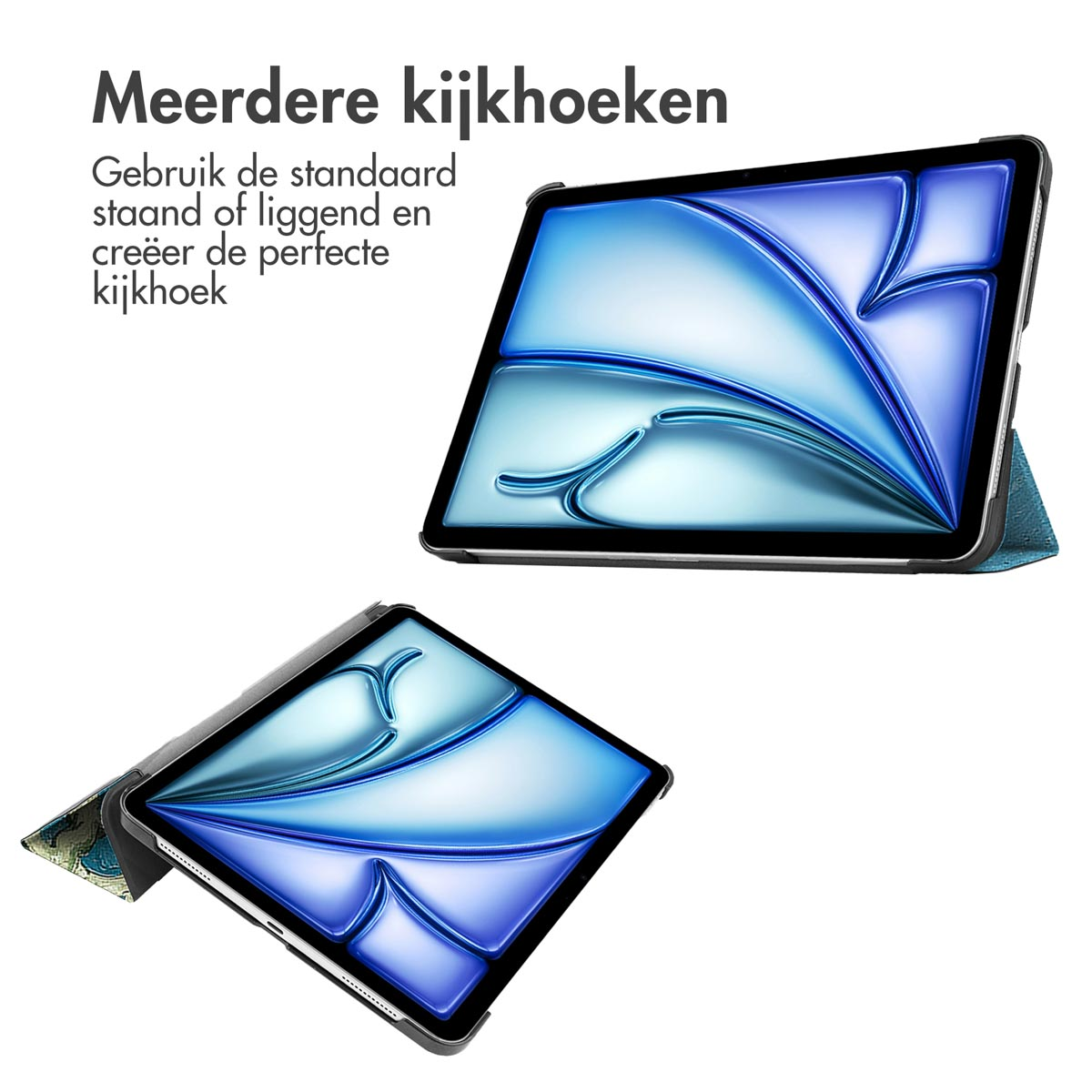 Tablet in a blue case, shown in two angles. White background with text overlayed.