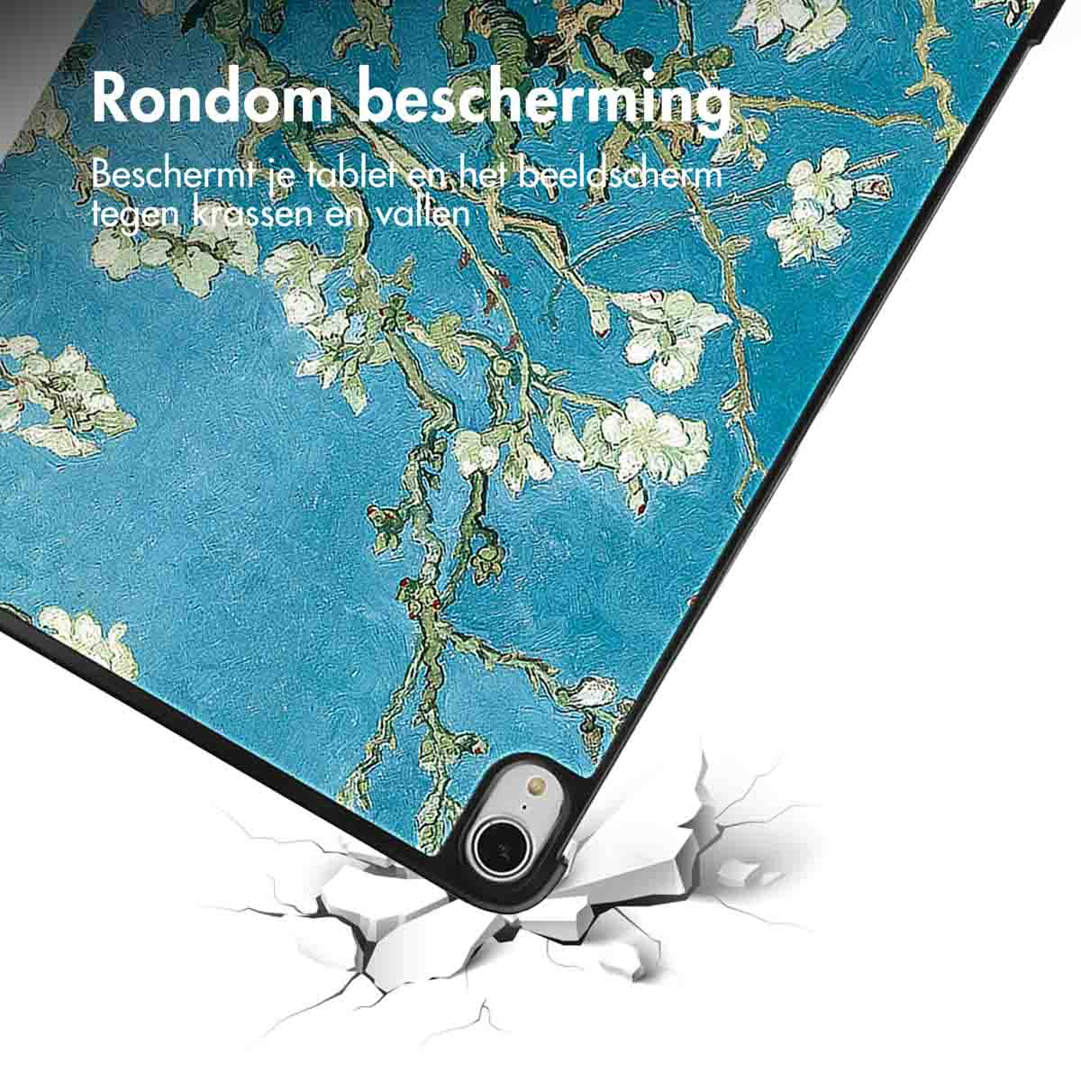 A tablet with a Van Gogh painting on the screen, placed on a cracked surface.