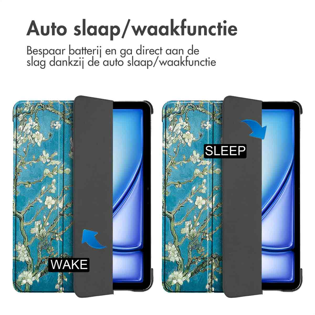 Tablet case, showing a blue floral print, with the words WAKE and SLEEP on the screen. White background.