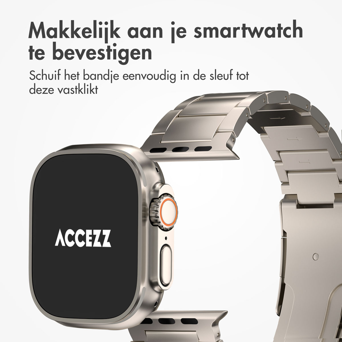 Srebrny smartwatch, czarny ekran z marką ACCEZZ. Pasek jest przymocowany do zegarka, białe tło.