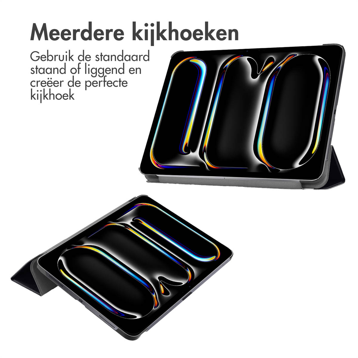 Tablet cases in black, offering adjustable viewing angles, shown against a white background.