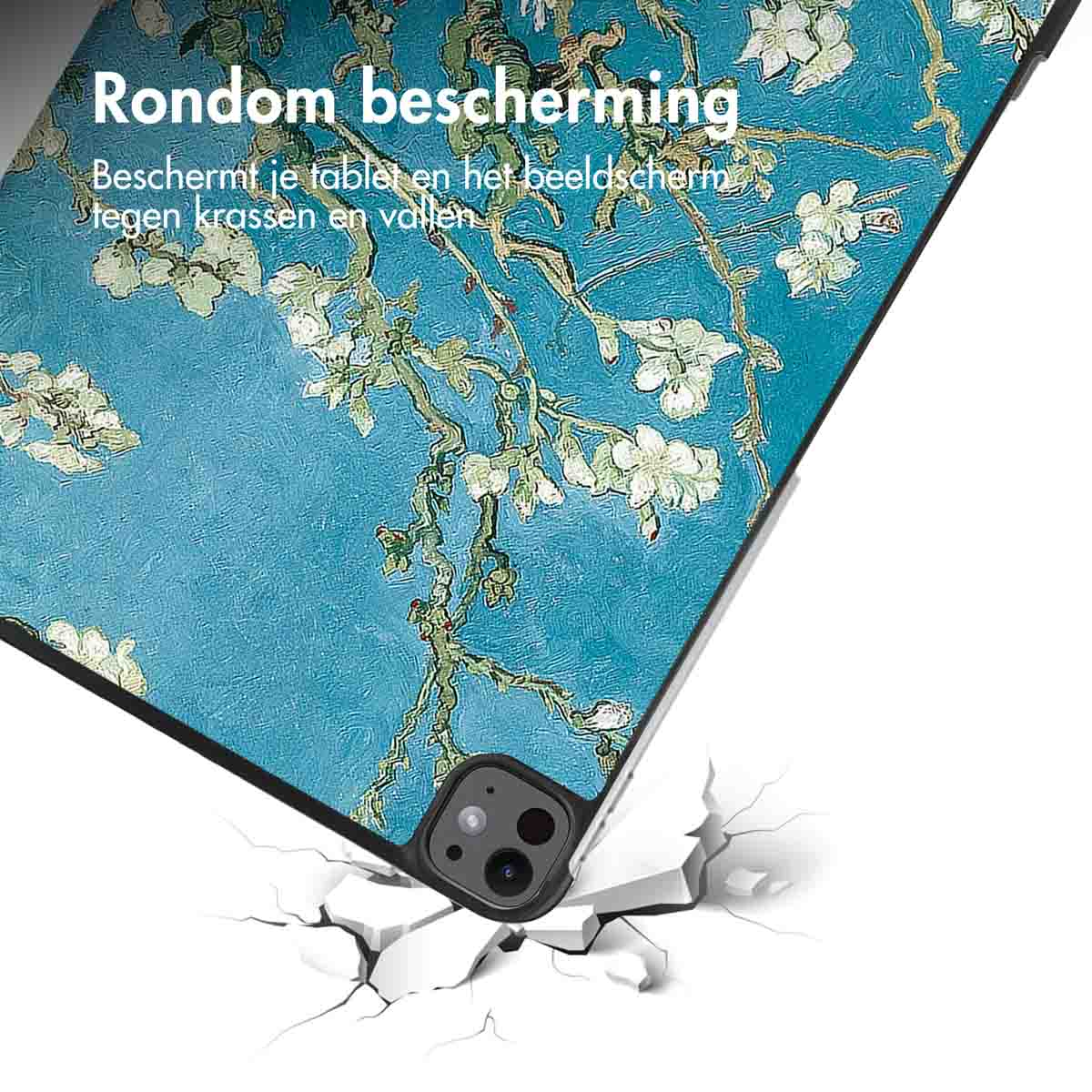 Tablet with a cover featuring a Van Gogh painting design, seemingly falling and cracking the ground.