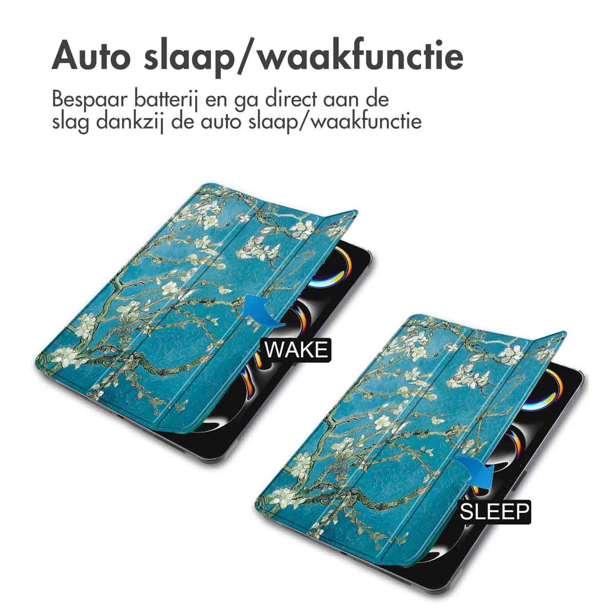 Tablet case, showing a blue floral print, with the words WAKE and SLEEP on the screen. White background.