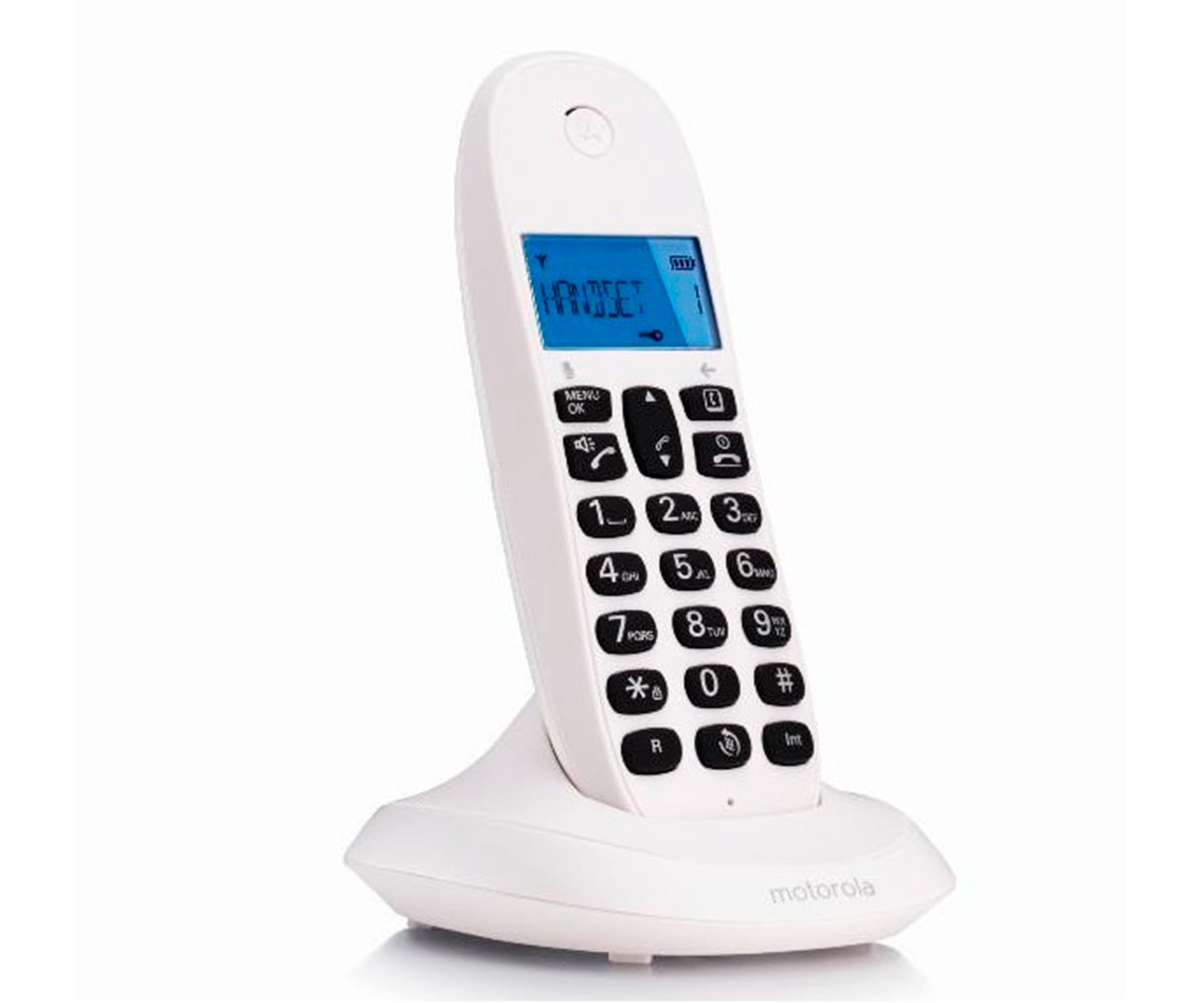 Un teléfono inalámbrico blanco con pantalla.