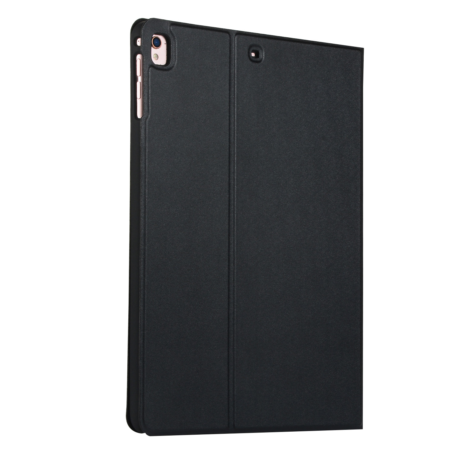 Eine schwarze iPad-Hülle, geschlossen, mit einem rosa Rand an der Seite sichtbar.