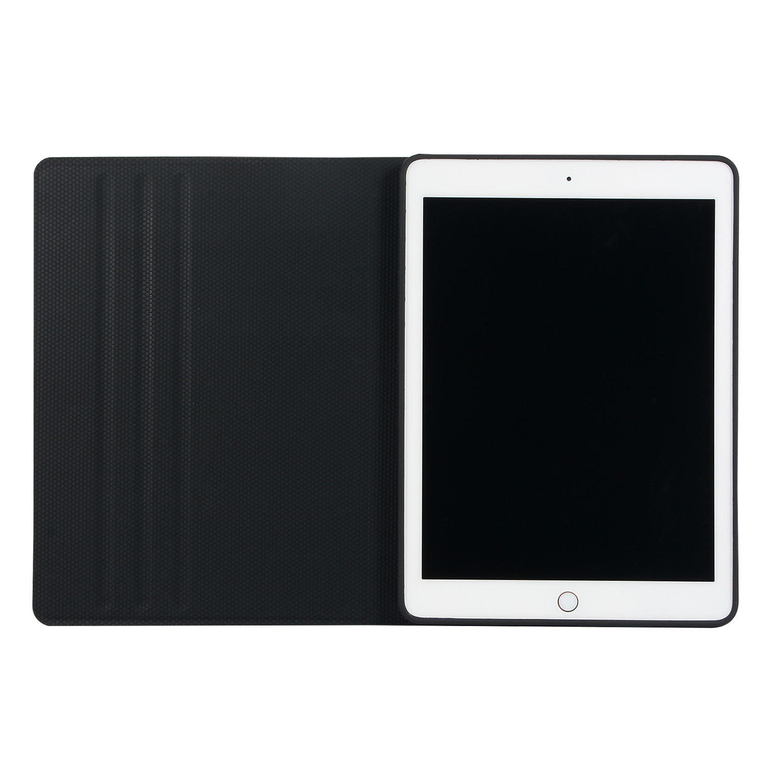 Eine offene schwarze Tablet-Hülle mit einem weißen Tablet im Inneren. Es liegt auf einer weißen Oberfläche.
