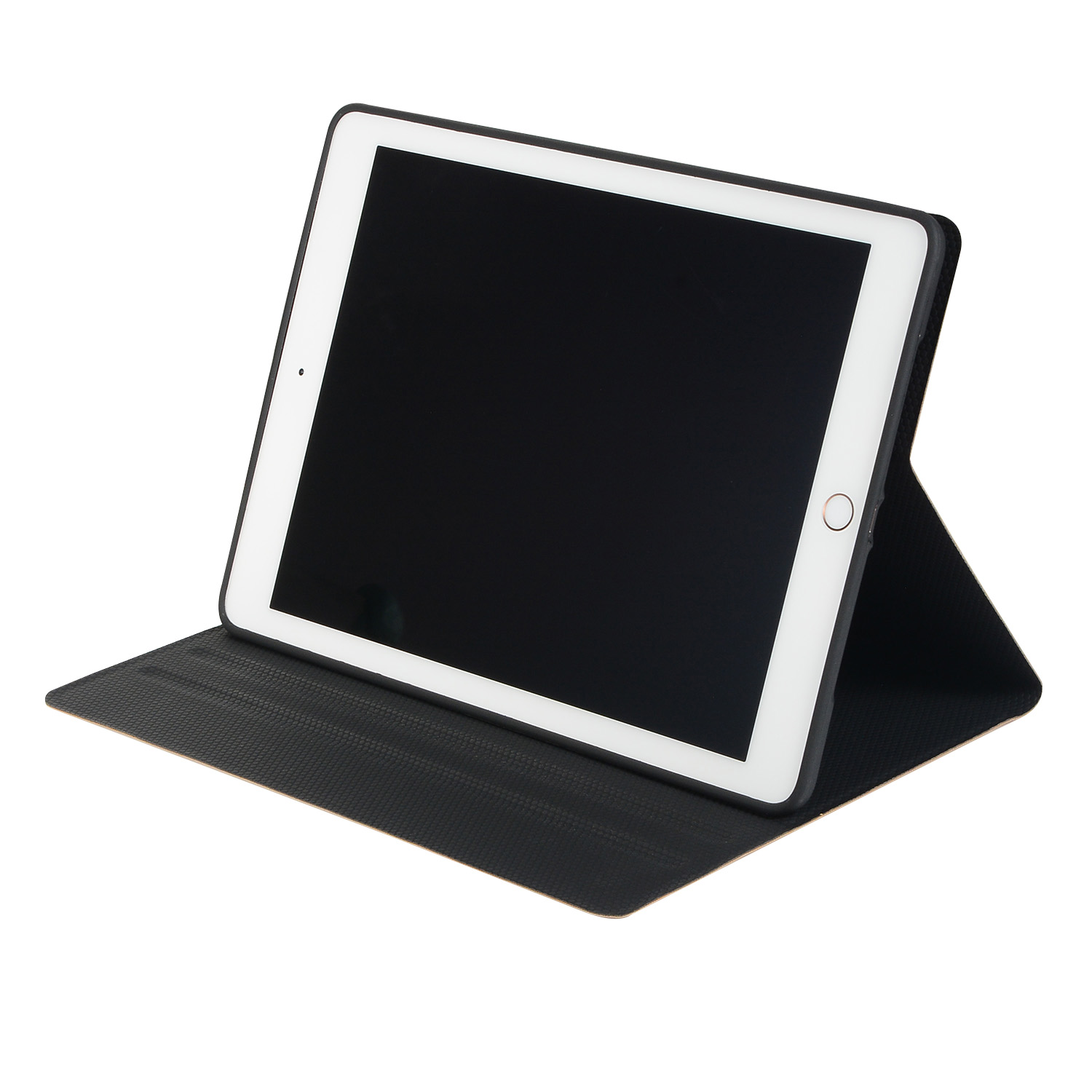 Weißes Tablet in einer schwarzen Hülle, offen gezeigt. Der Bildschirm ist weiß, und die Hülle ist strukturiert.