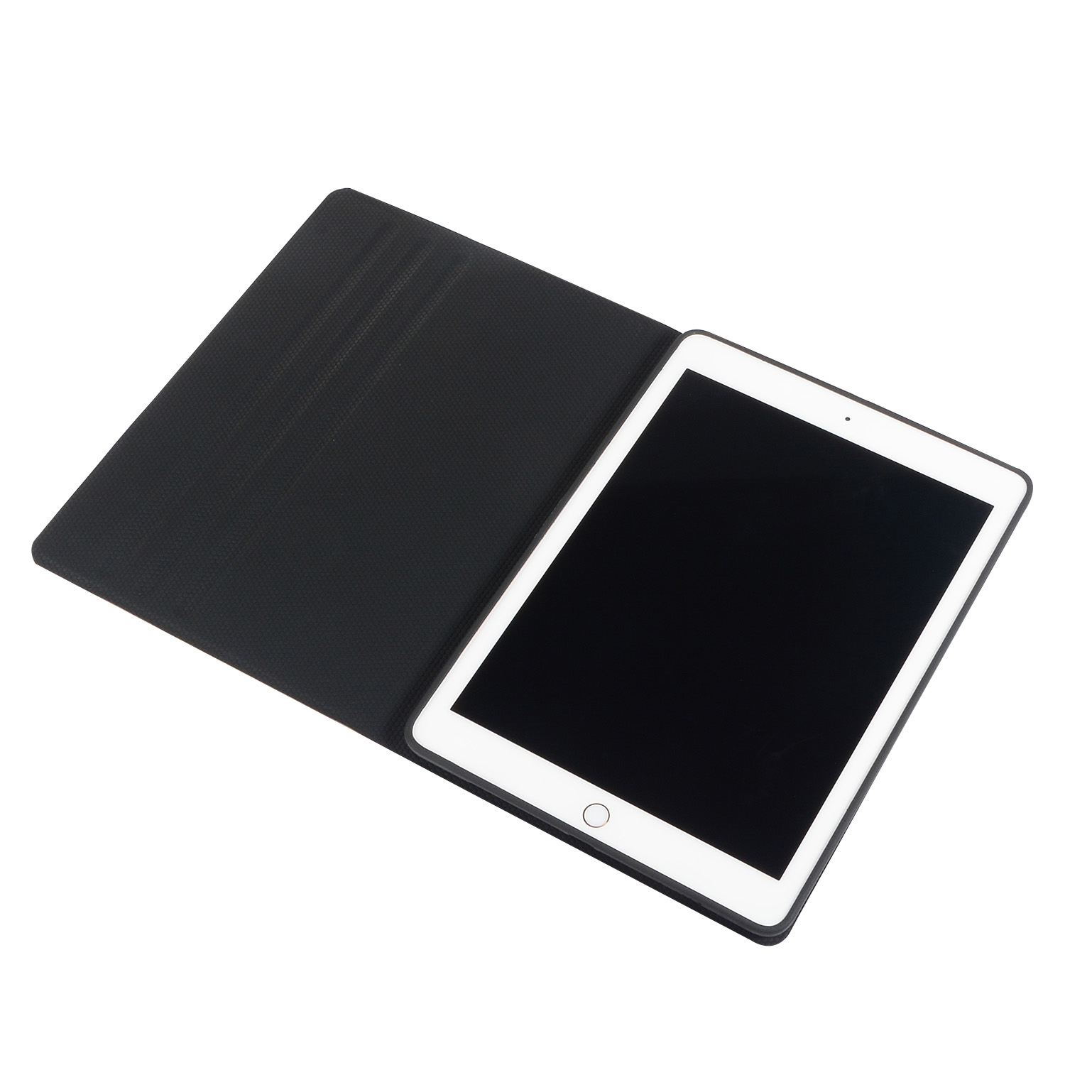Ein schwarzes Tablet in einem schwarzen Gehäuse, geöffnet, um den Bildschirm zu zeigen.