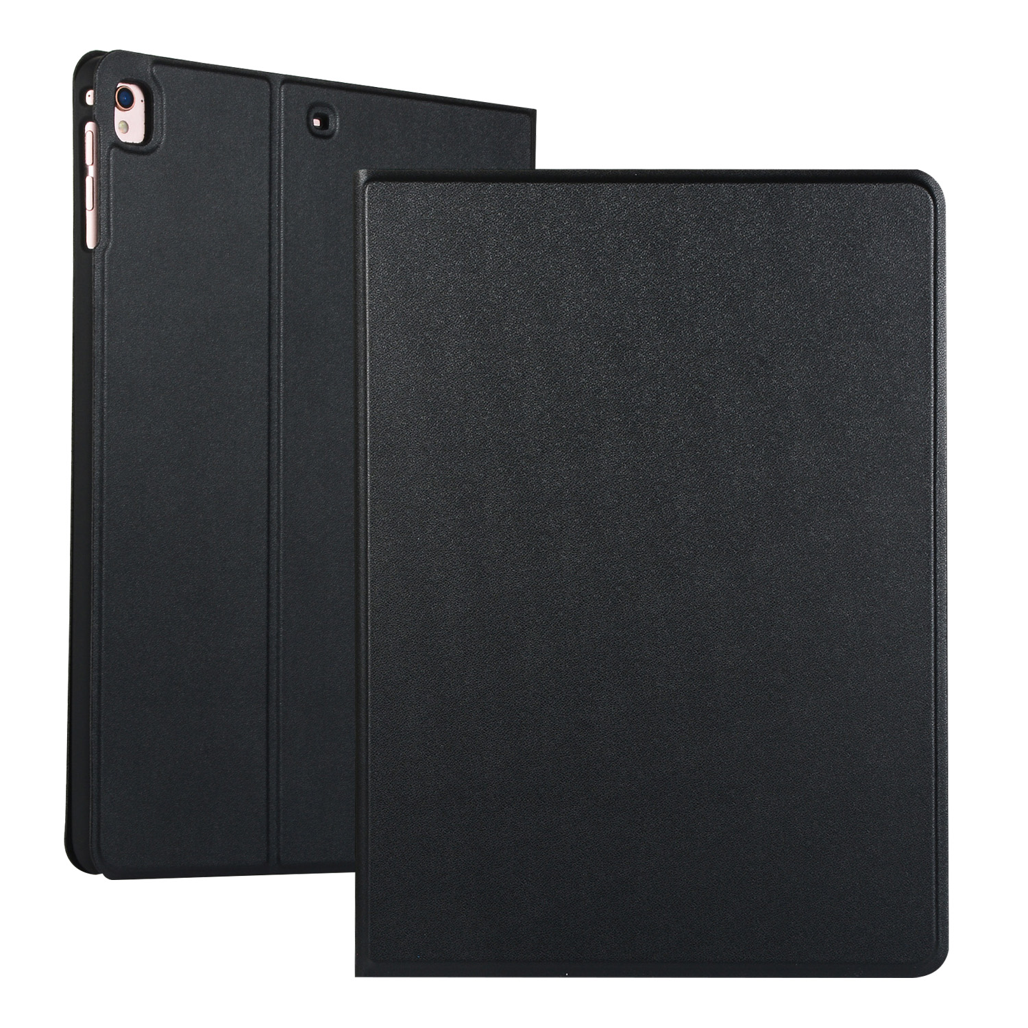 Schwarze iPad-Hülle, offen und geschlossen, mit strukturierter Oberfläche.