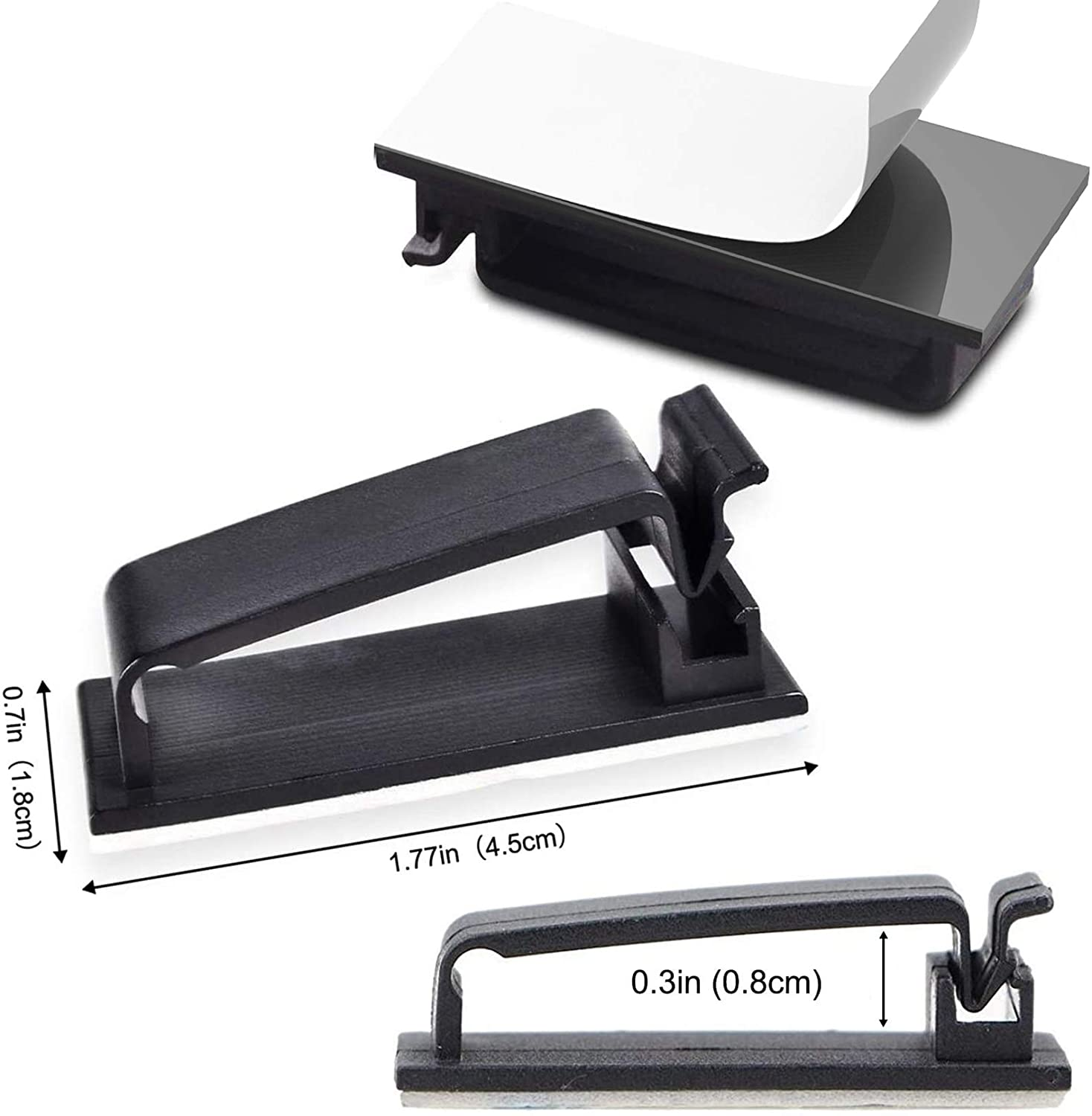Black cable clips with adhesive backing, with dimensions in inches.