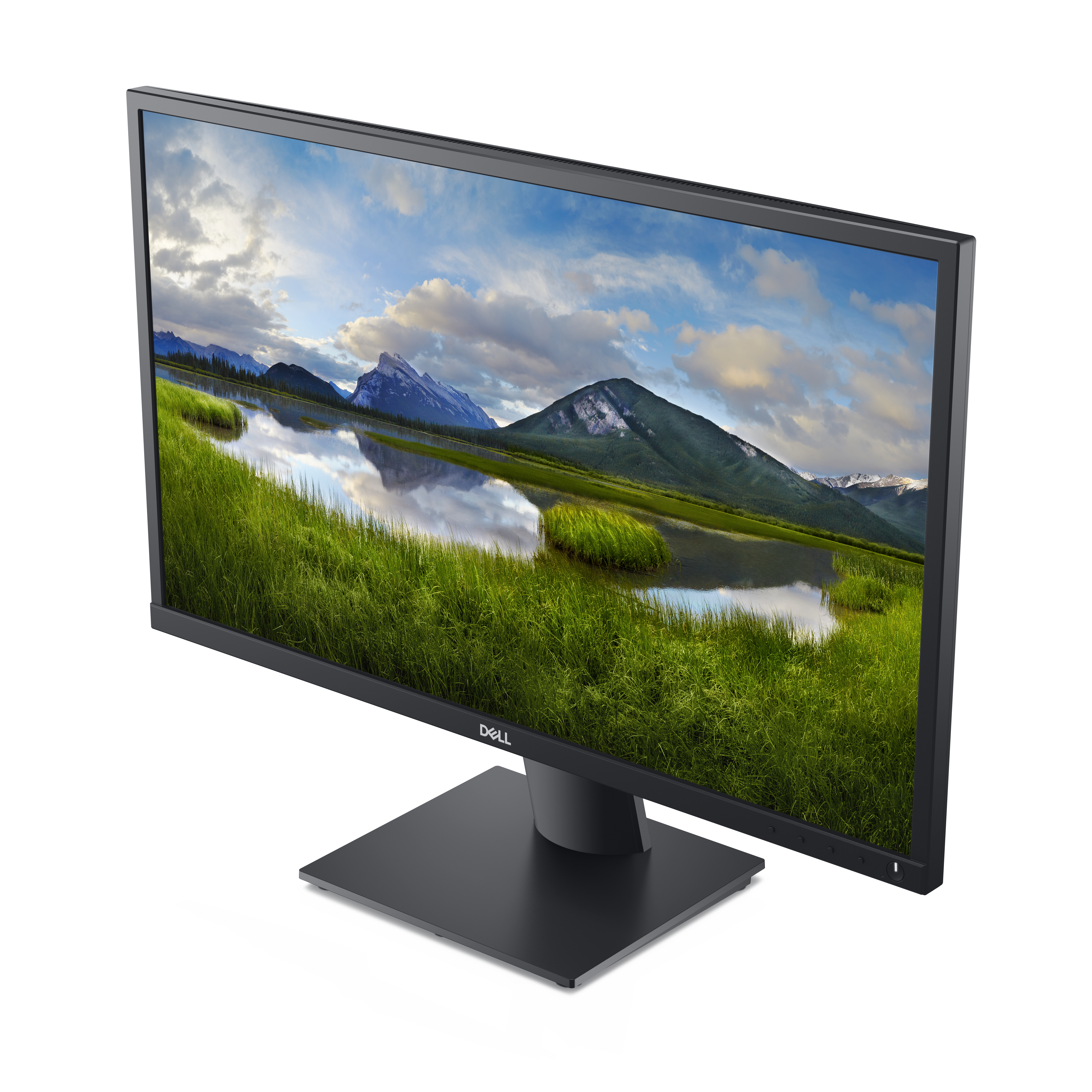 Monitor Dell. Escena de paisaje con hierba, montañas y cielo azul.