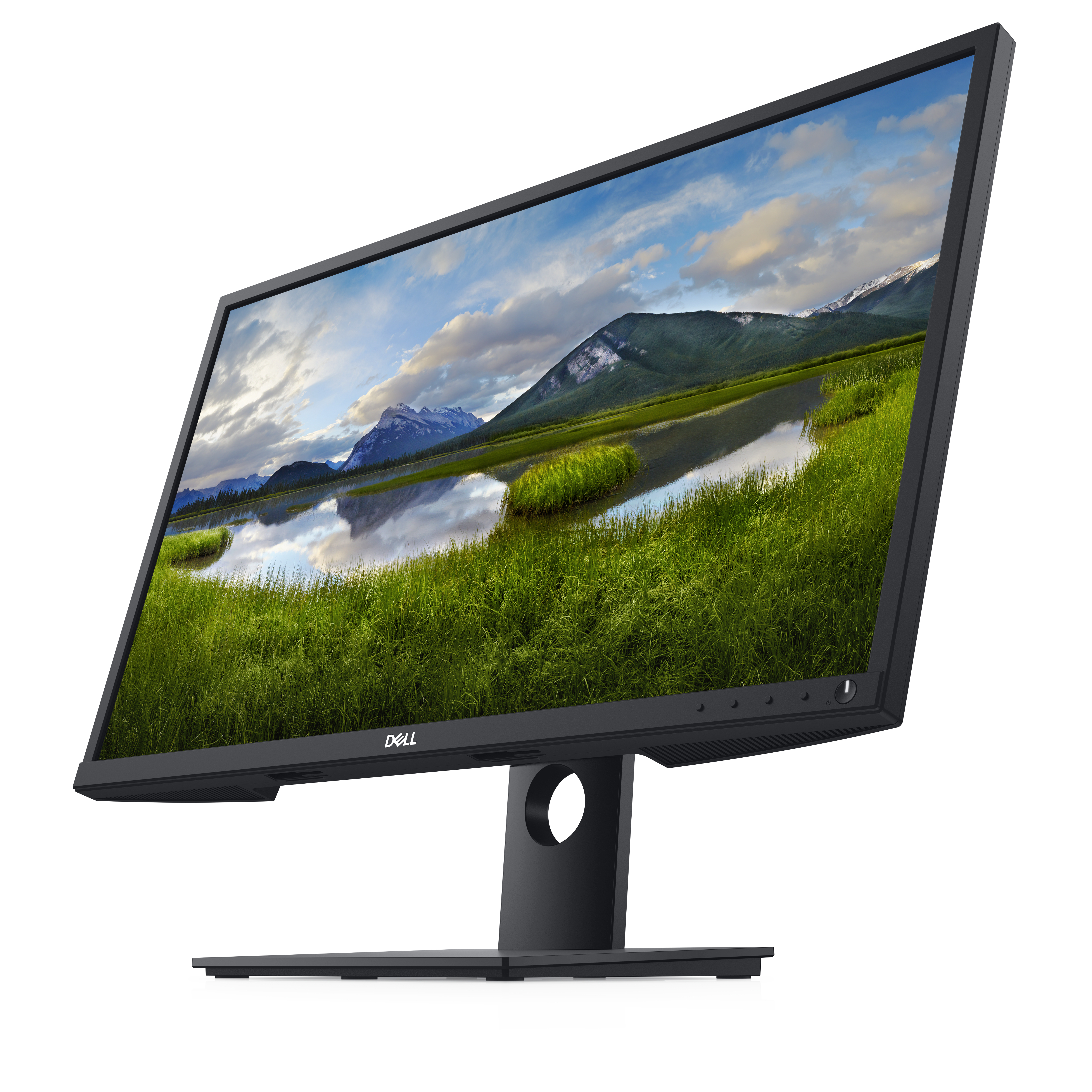 Monitor de computadora negro mostrando una escena de paisaje con un campo verde.