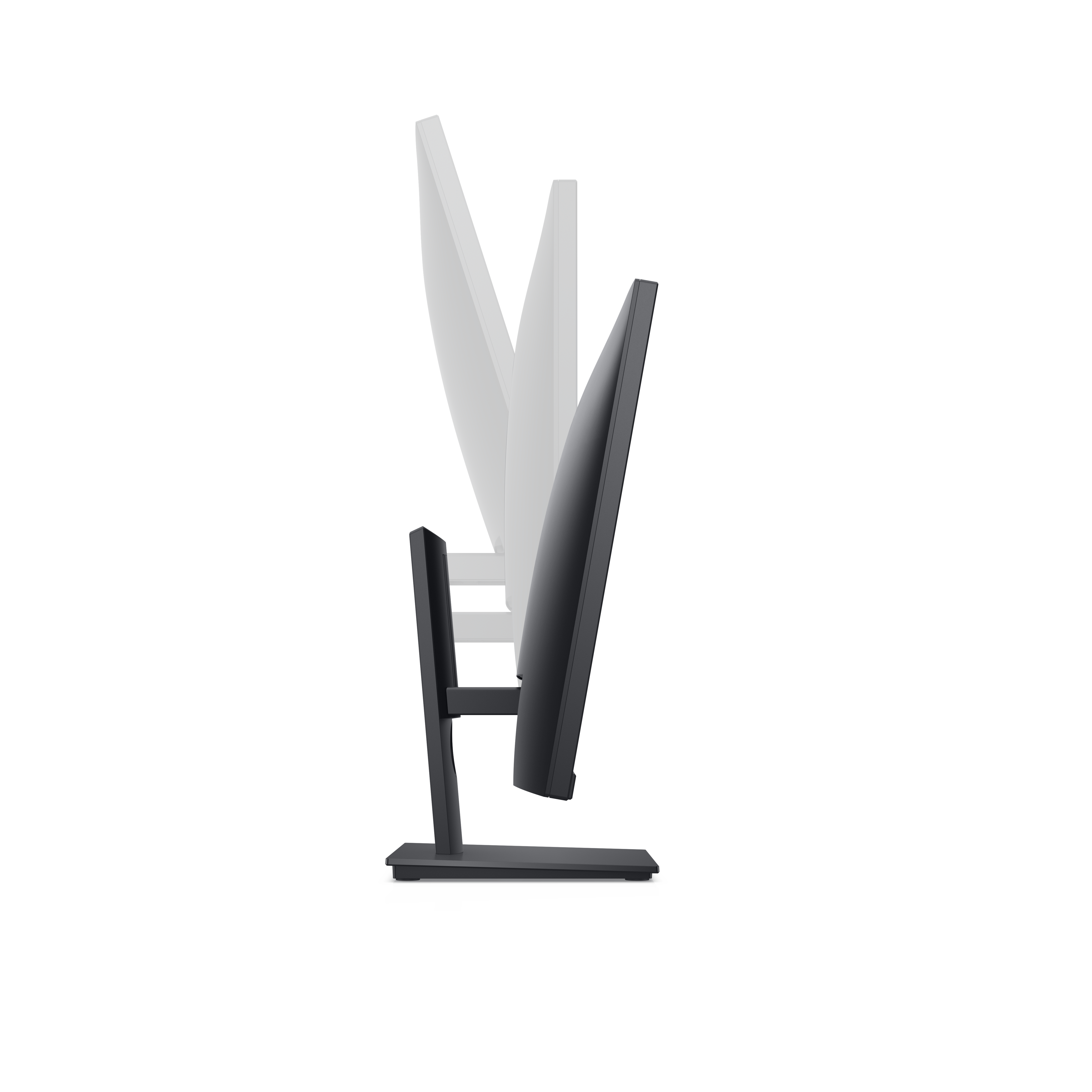 Un monitor de computadora negro, vista lateral. La pantalla está apagada, con una base negra.