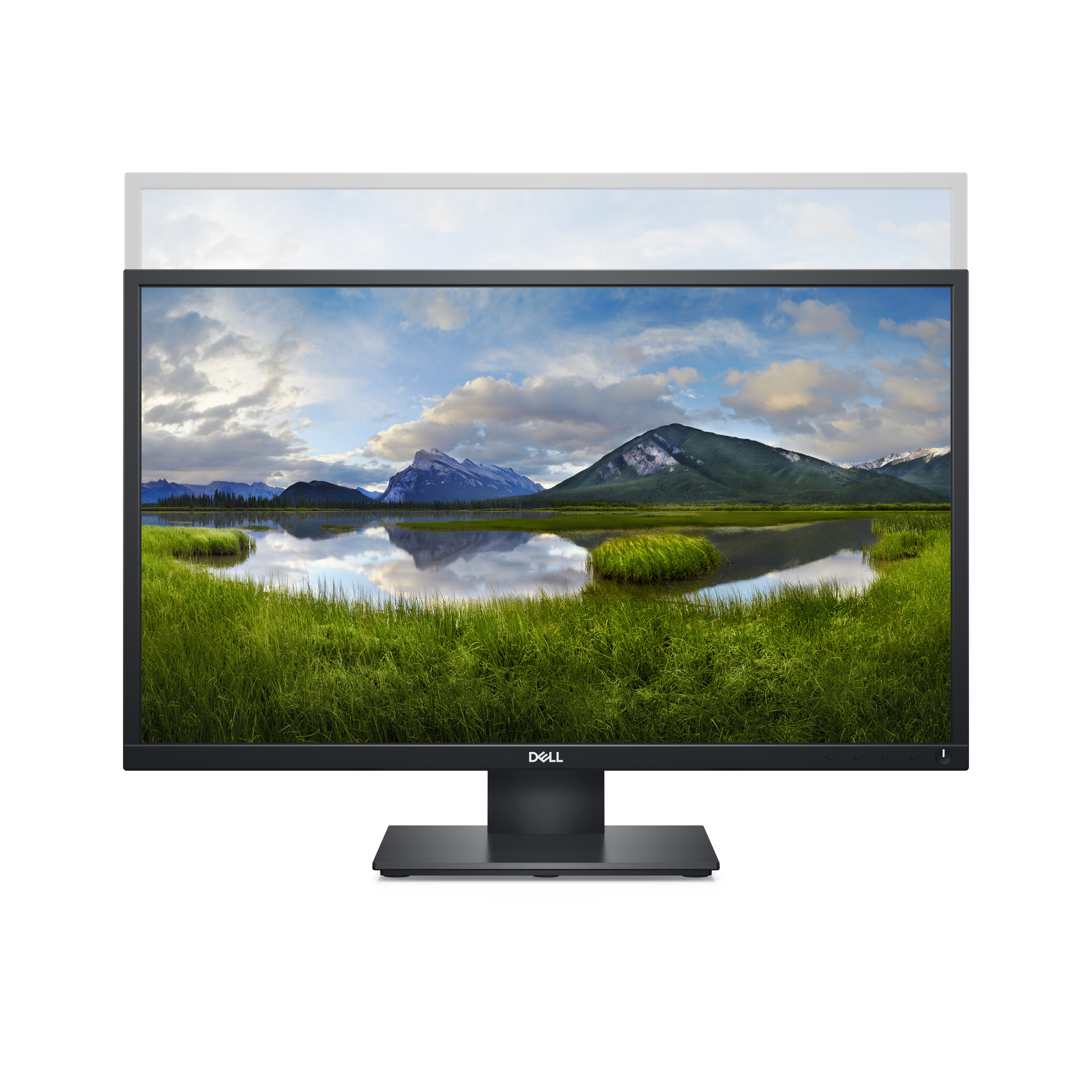 Un monitor Dell muestra una escena de paisaje con hierba verde, agua, montañas y cielo azul.