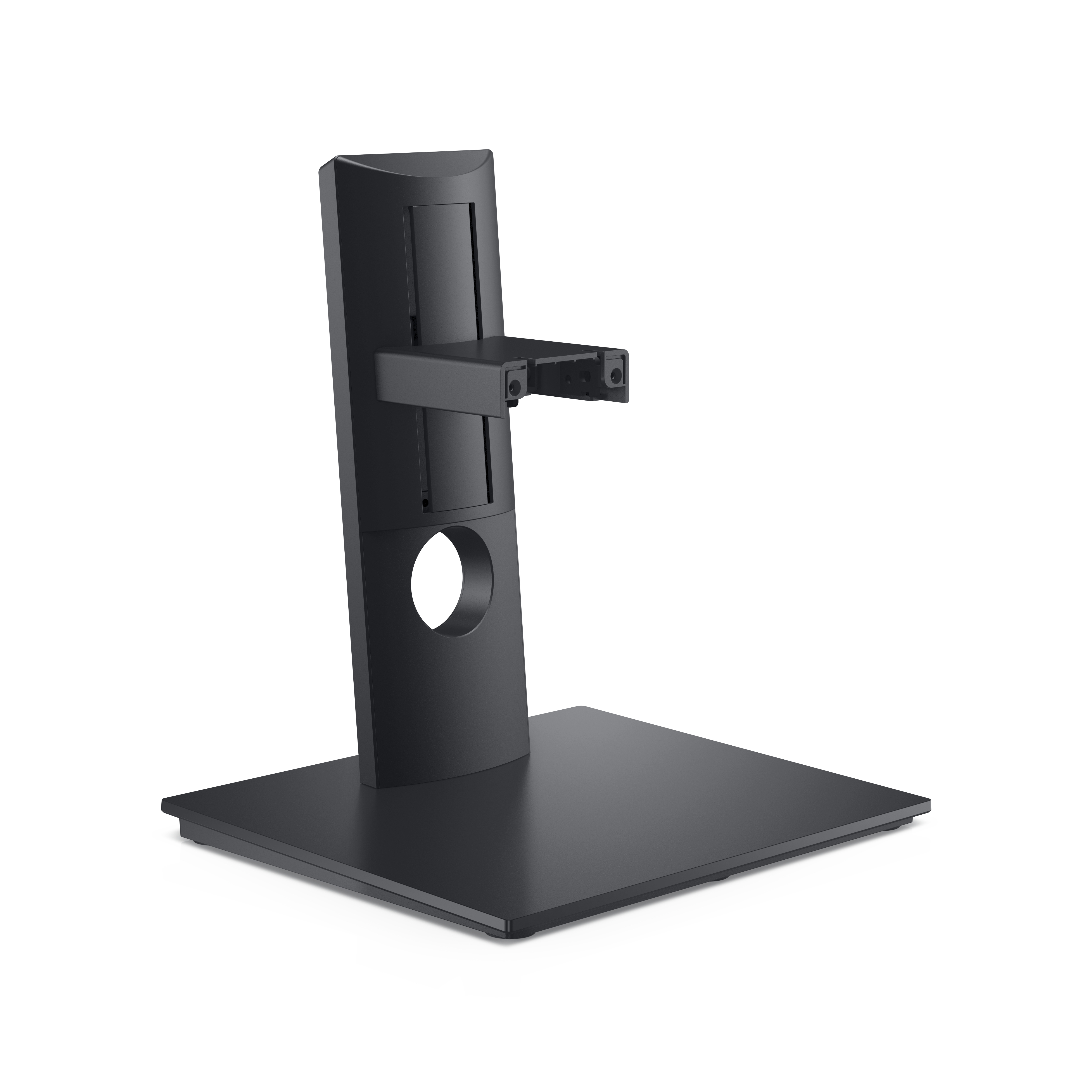 Soporte negro para monitor, con base y brazo de soporte.