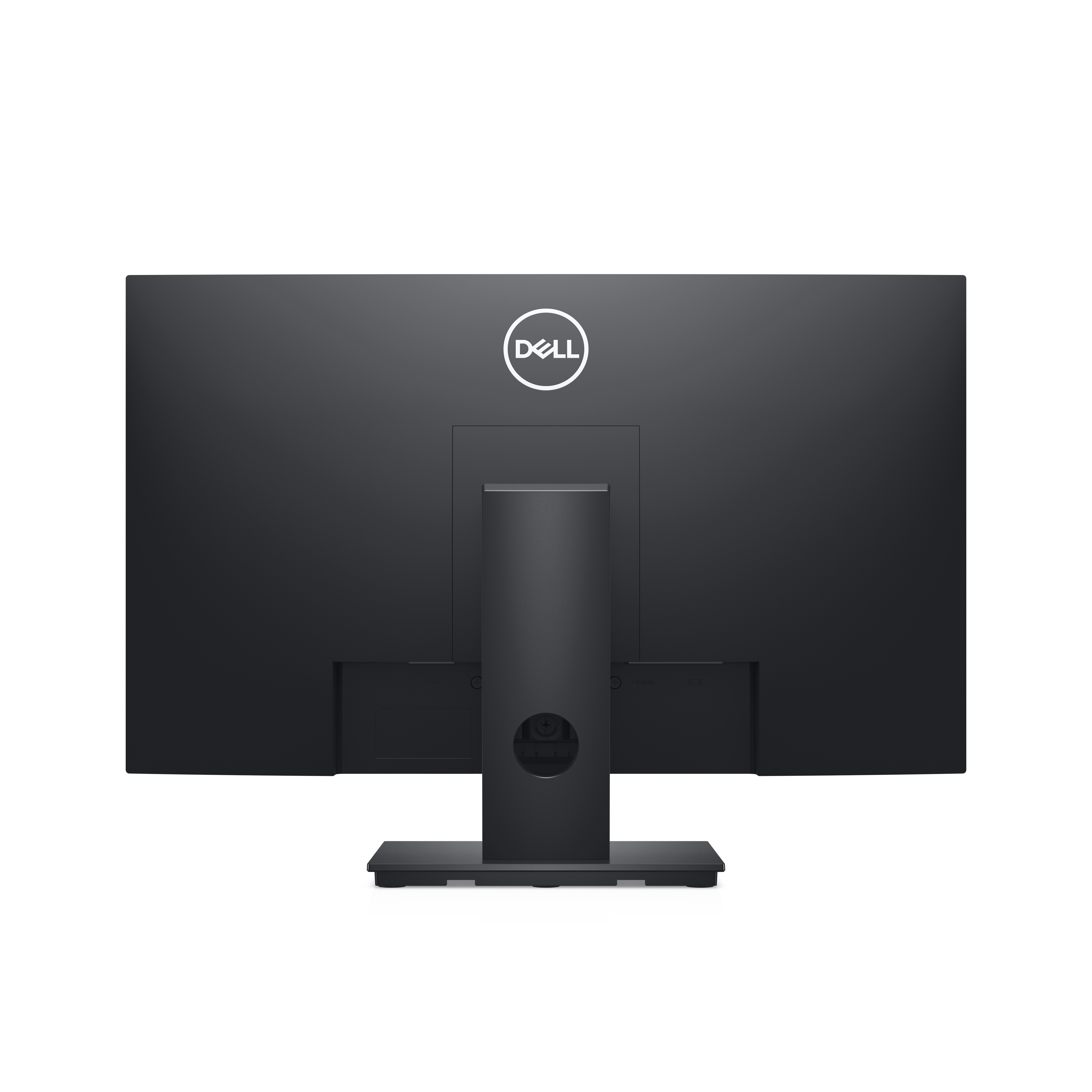 Parte trasera de un monitor Dell negro con el logo de Dell, mostrando la fijación del soporte.