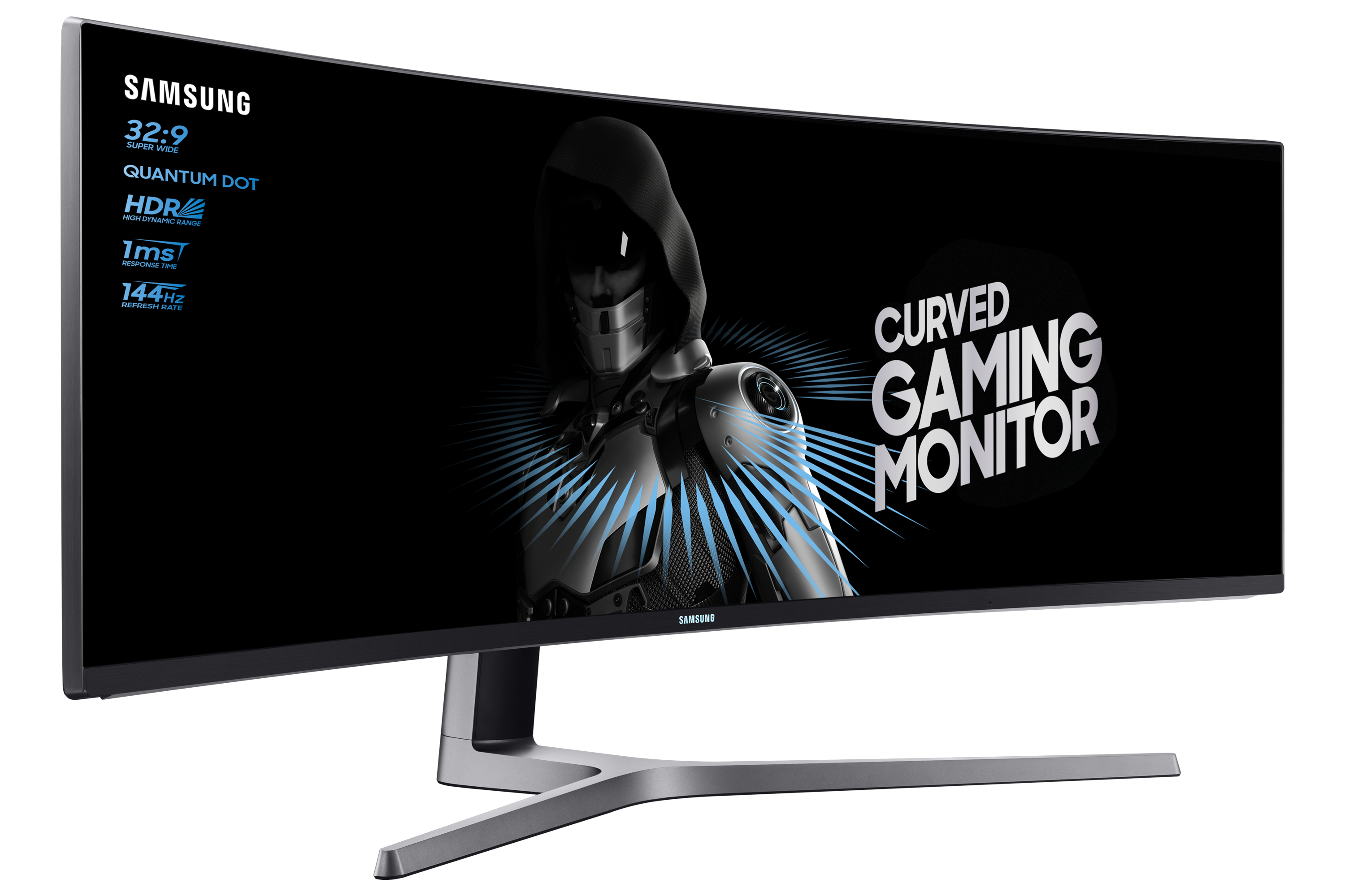 Gebogener Gaming-Monitor, der eine futuristische Szene mit Text anzeigt.