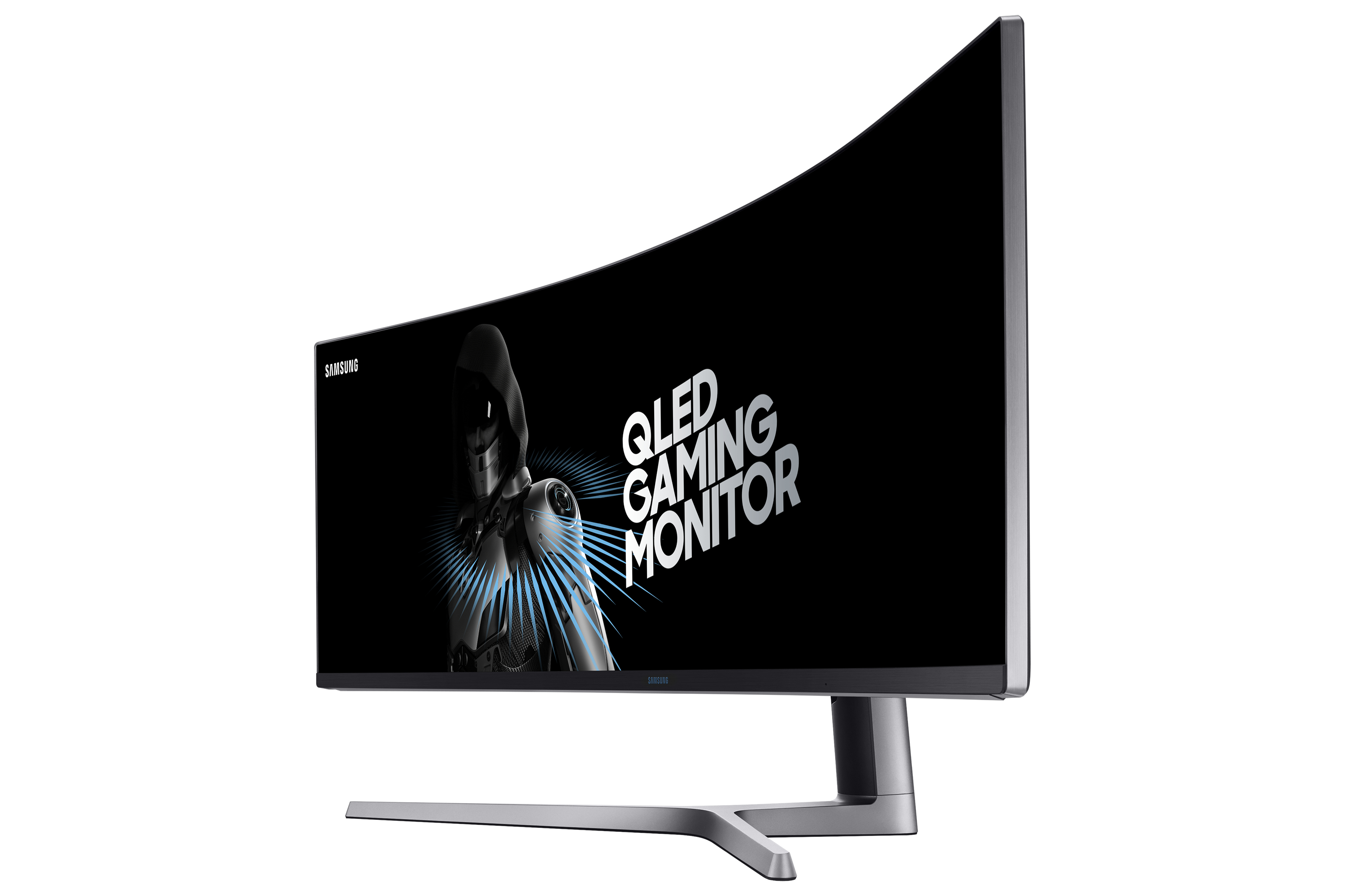 Gebogener Gaming-Monitor, der Inhalte anzeigt, mit dem Samsung-Logo auf weißem Hintergrund.