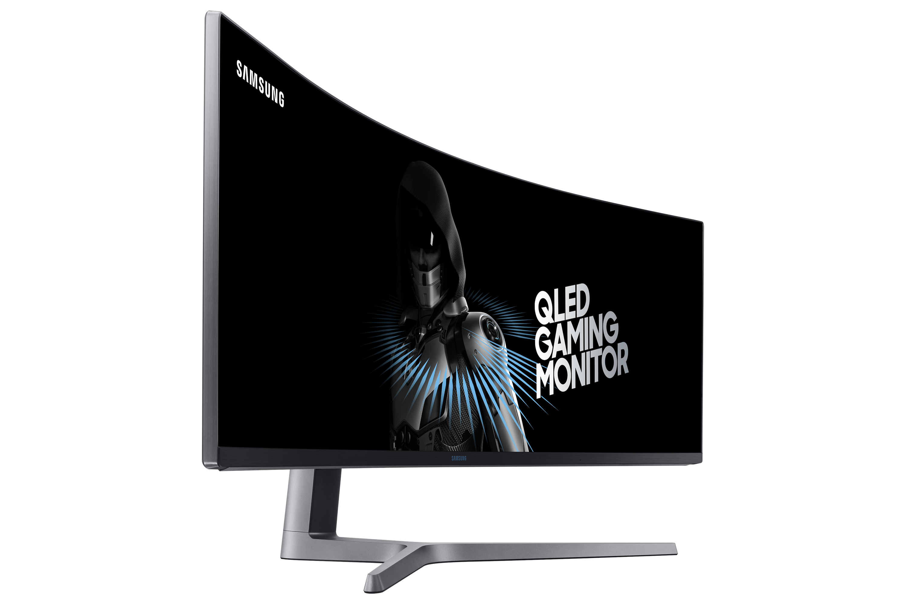Ein gewölbter Monitor, der Text anzeigt. Der Monitor ist silberfarben und der Hintergrund dunkel mit einer Figur.