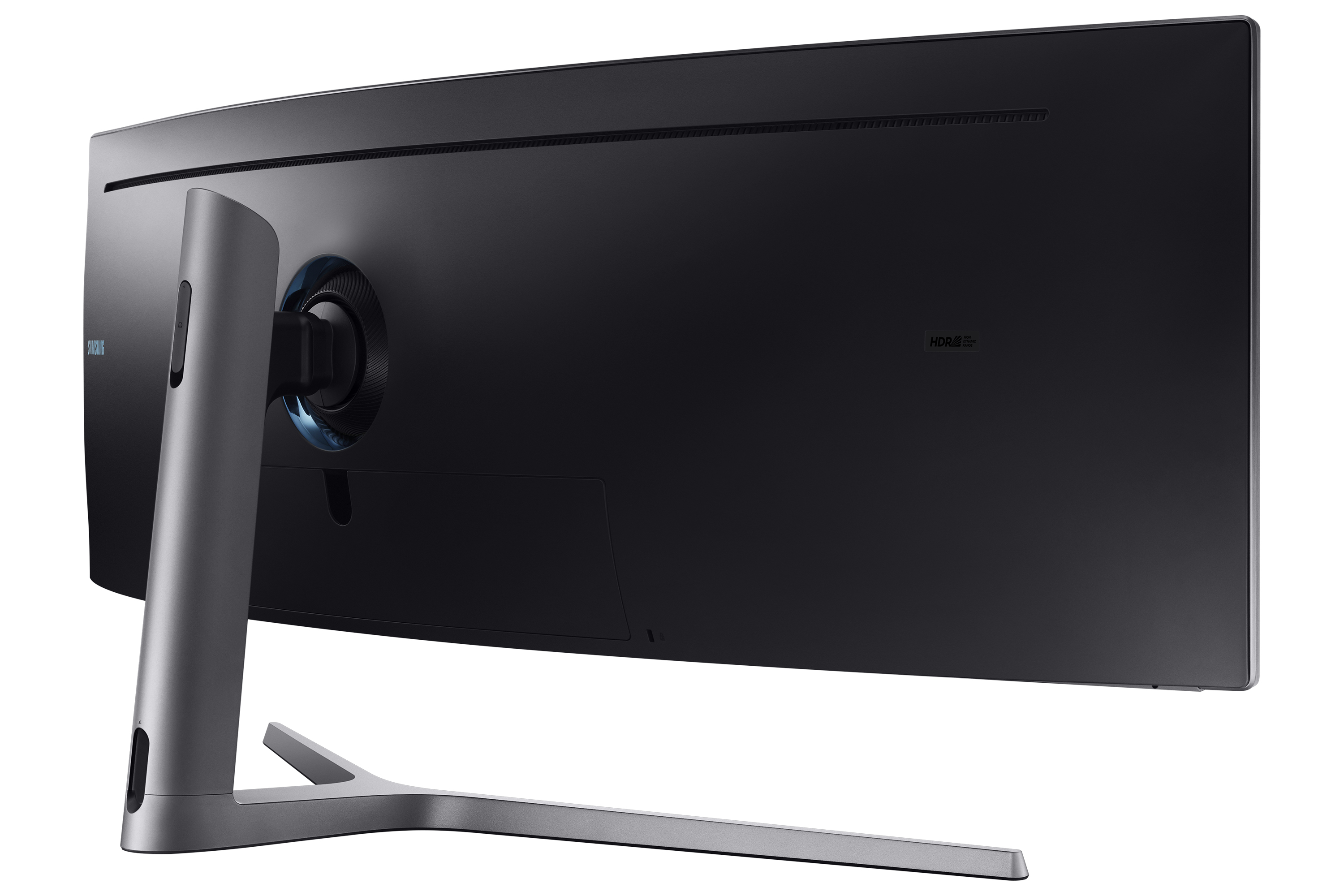 Gebogener schwarzer Computermonitor. Die Rückseite zeigt einen Anschluss und einen Ständer.
