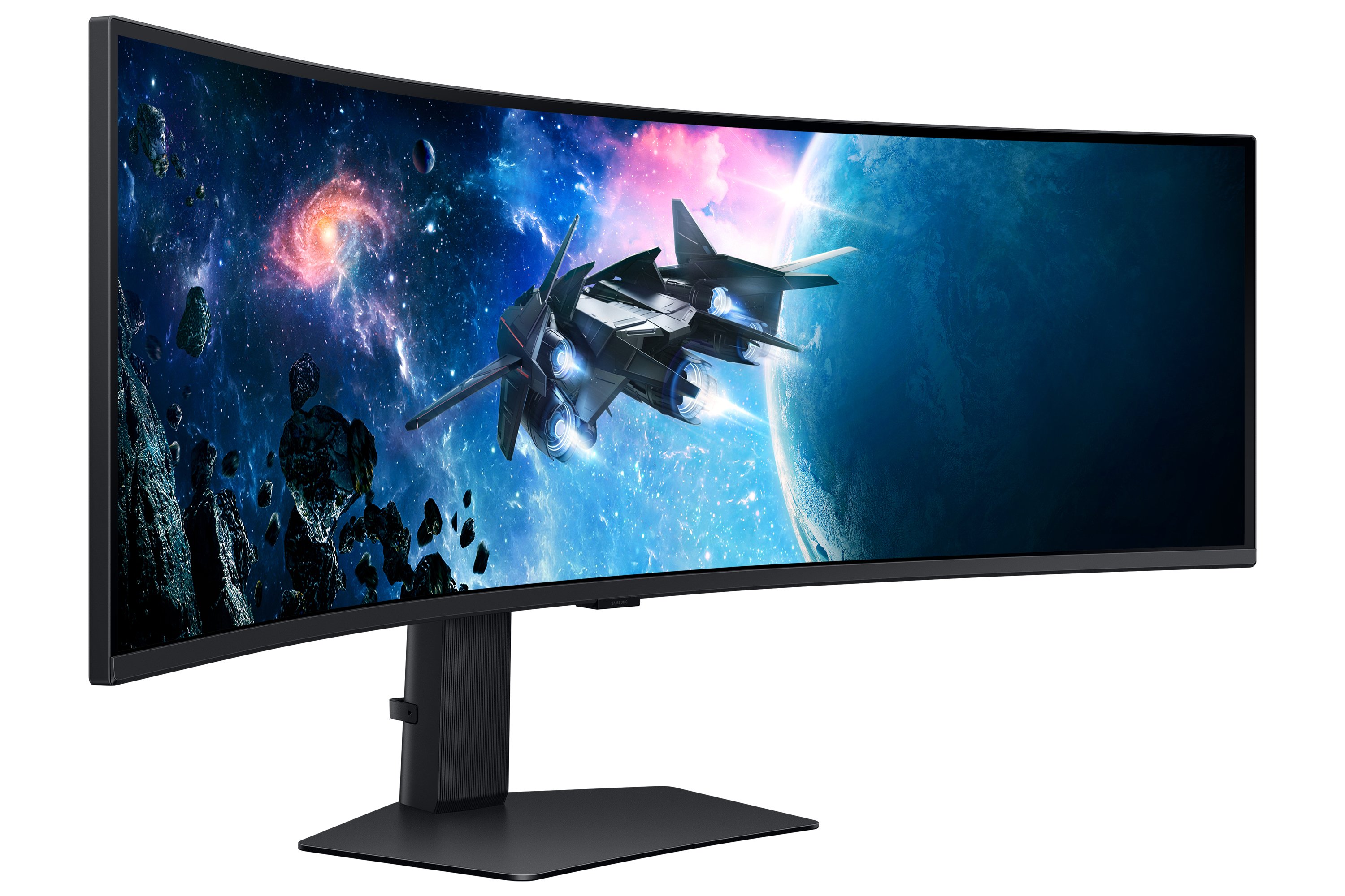 Ultrawide zakrzywiony monitor wyświetlający scenę kosmiczną z statkiem kosmicznym i mgławicą.
