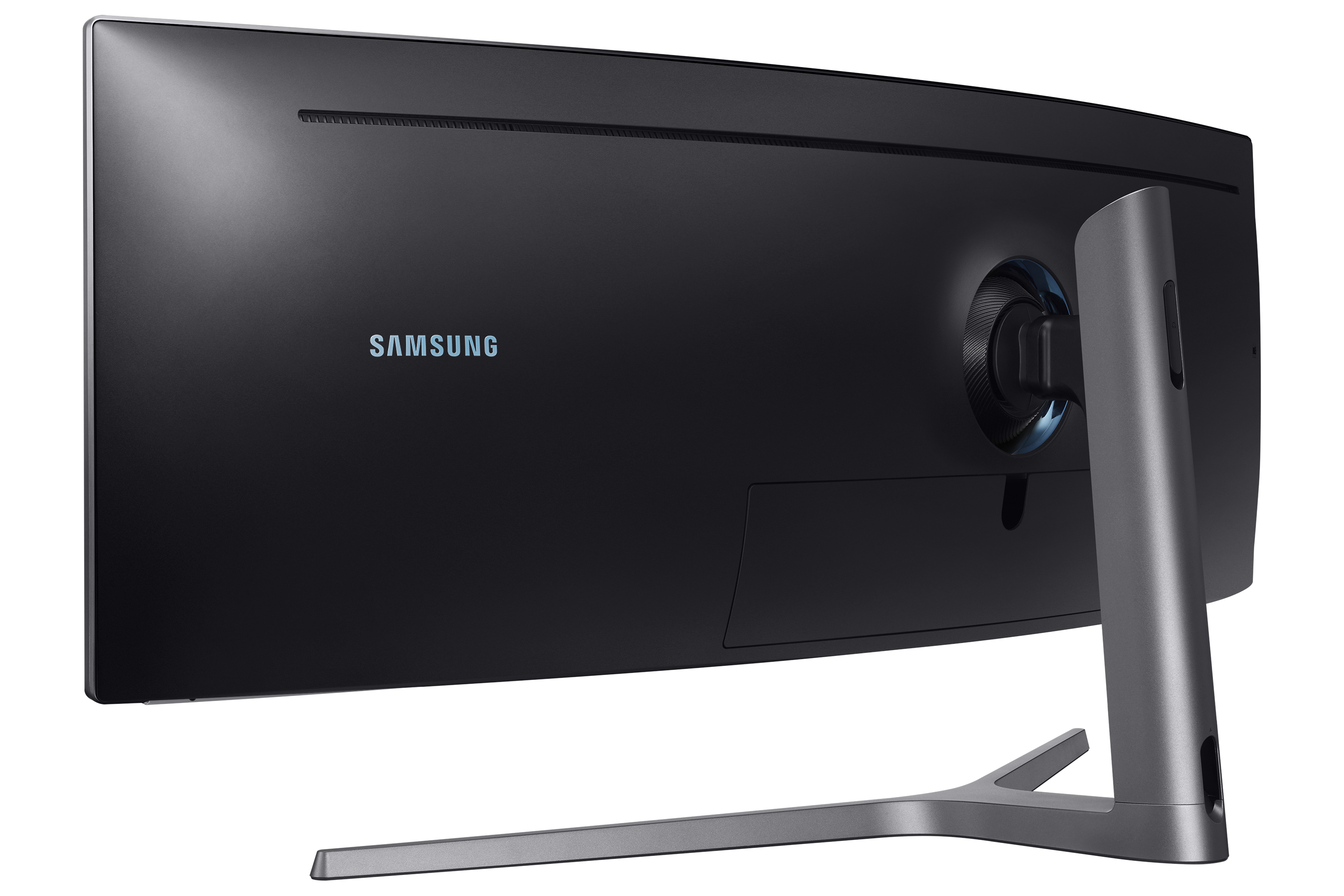 Rückseite eines schwarzen, gewölbten Samsung-Monitors mit Ständer. Das Samsung-Logo ist sichtbar.