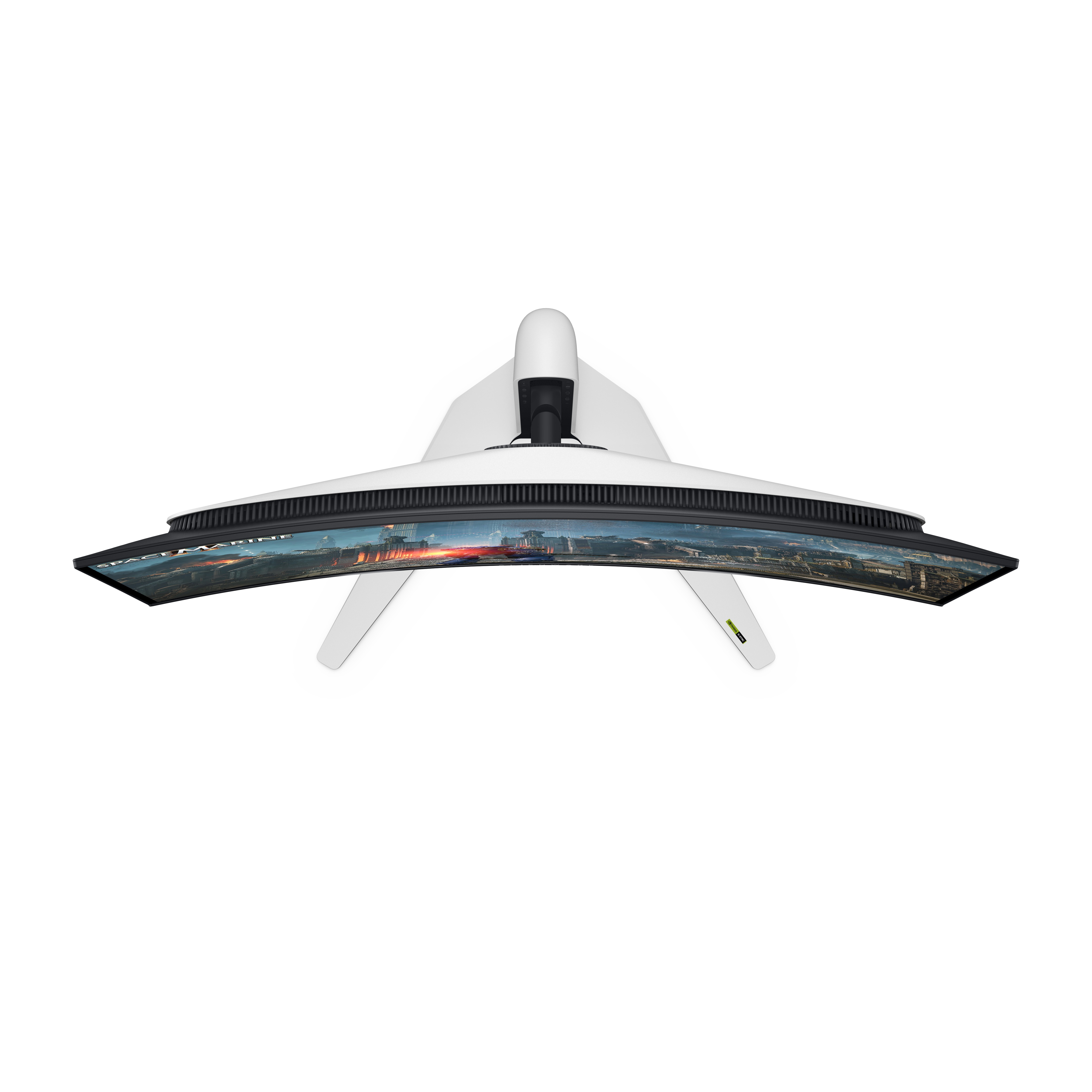 Widok z góry na zakrzywiony monitor. Biała podstawa i ramka z zielonym akcentem.