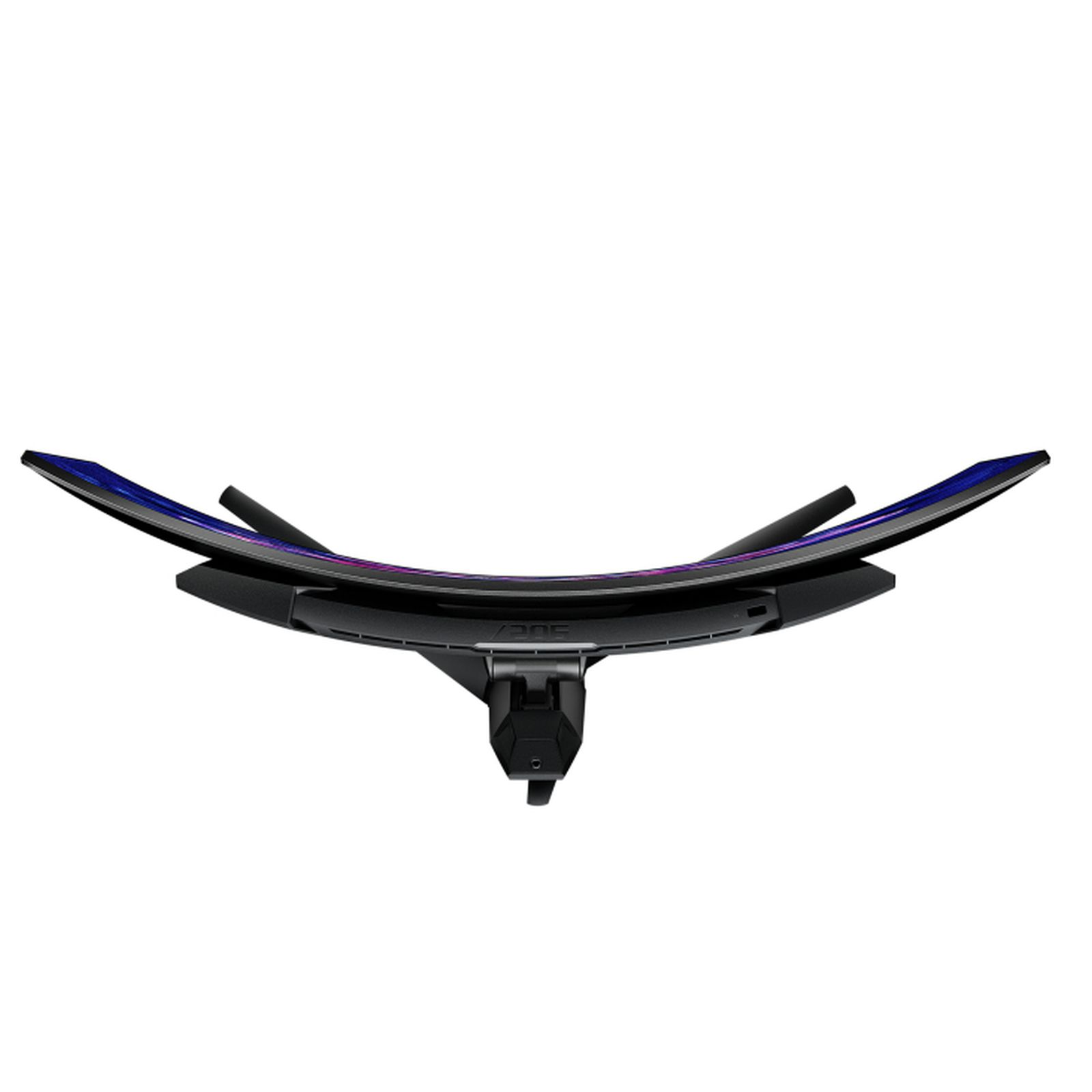 Zakrzywiony monitor, widok z góry. Czarna ramka. Stojak i podstawa.