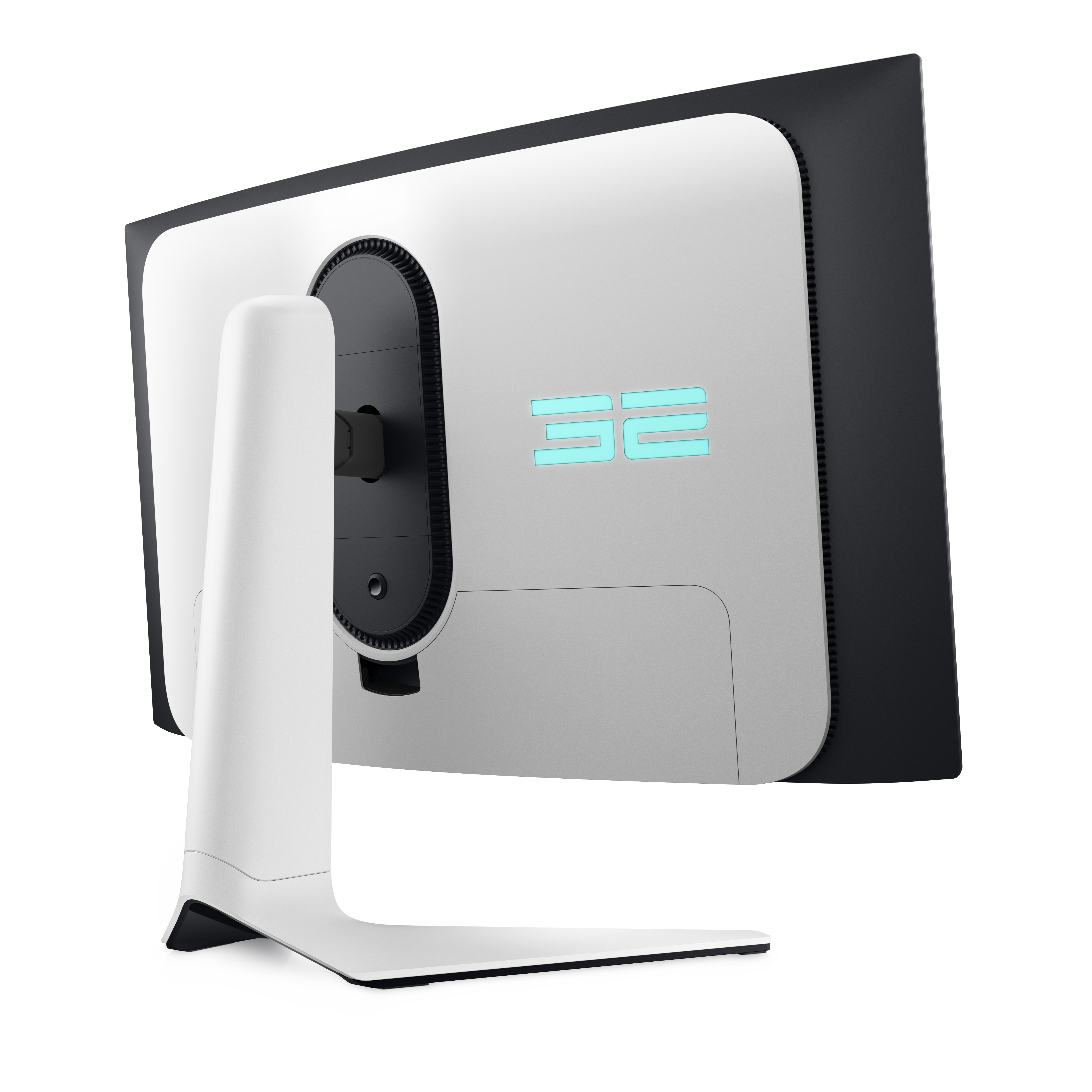 Widok z tyłu białego monitora o unikalnym designie. Tył ma logo i światła.