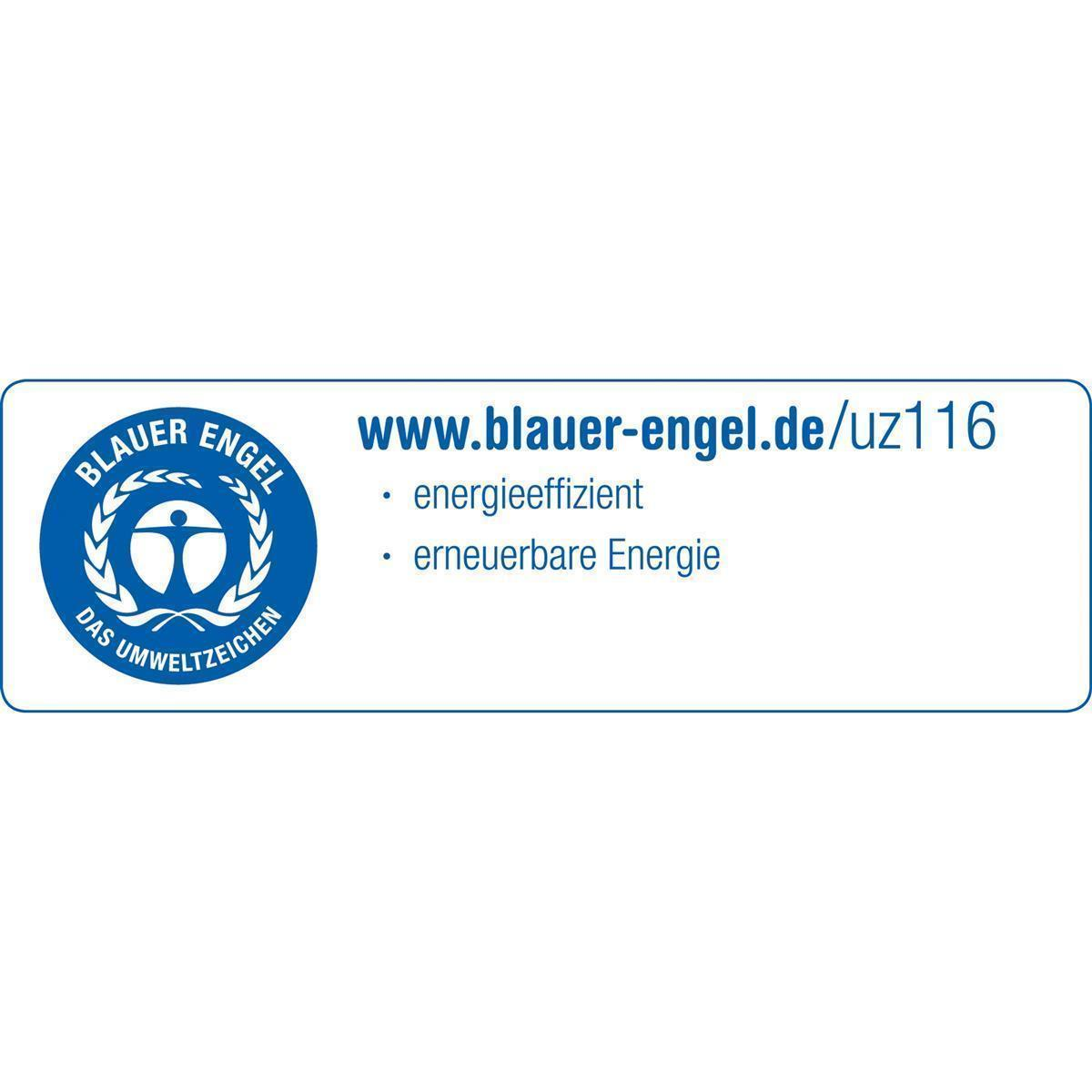 Blauer Engel Umweltzeichen mit Text über Energieeffizienz und erneuerbare Energie.