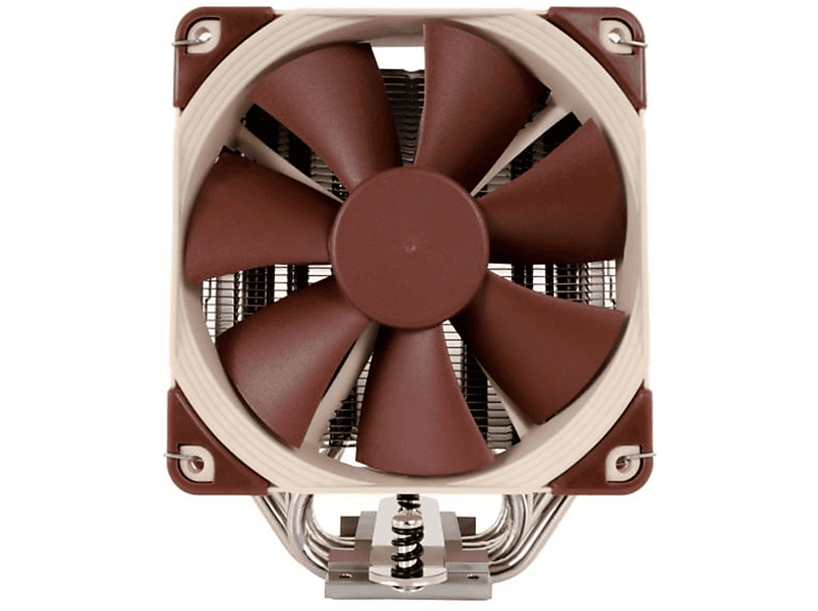 Brązowy i beżowy wentylator komputerowy z centralnym wentylatorem i metalowym radiatorem.