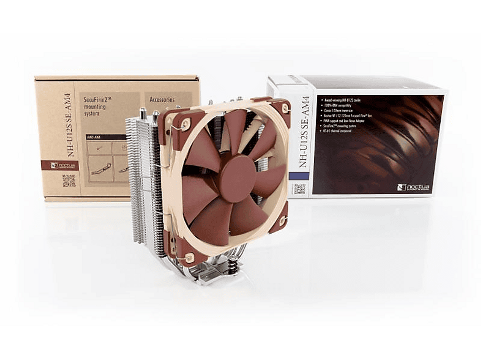 Wentylator komputerowy z pudełkiem, akcesoriami i etykietami tekstowymi.