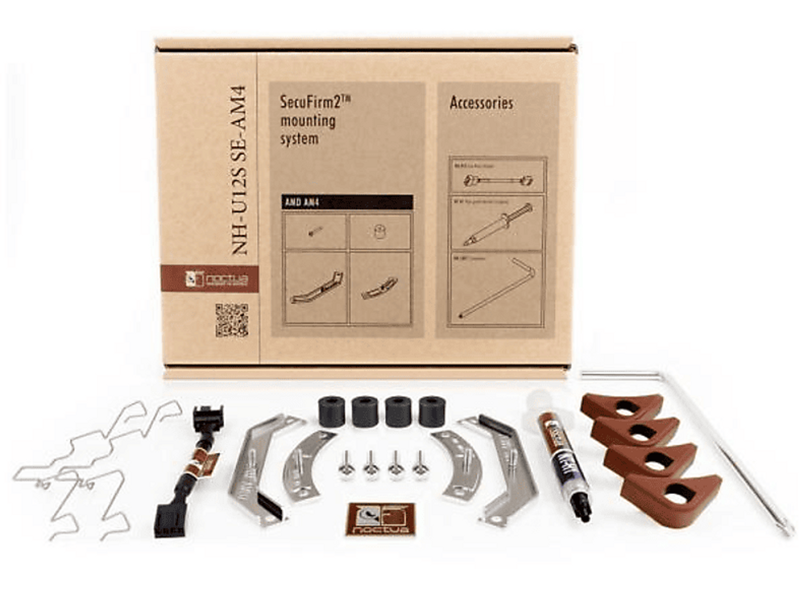 Pudełko produktu z akcesoriami, w tym systemem montażu i pastą termoprzewodzącą.