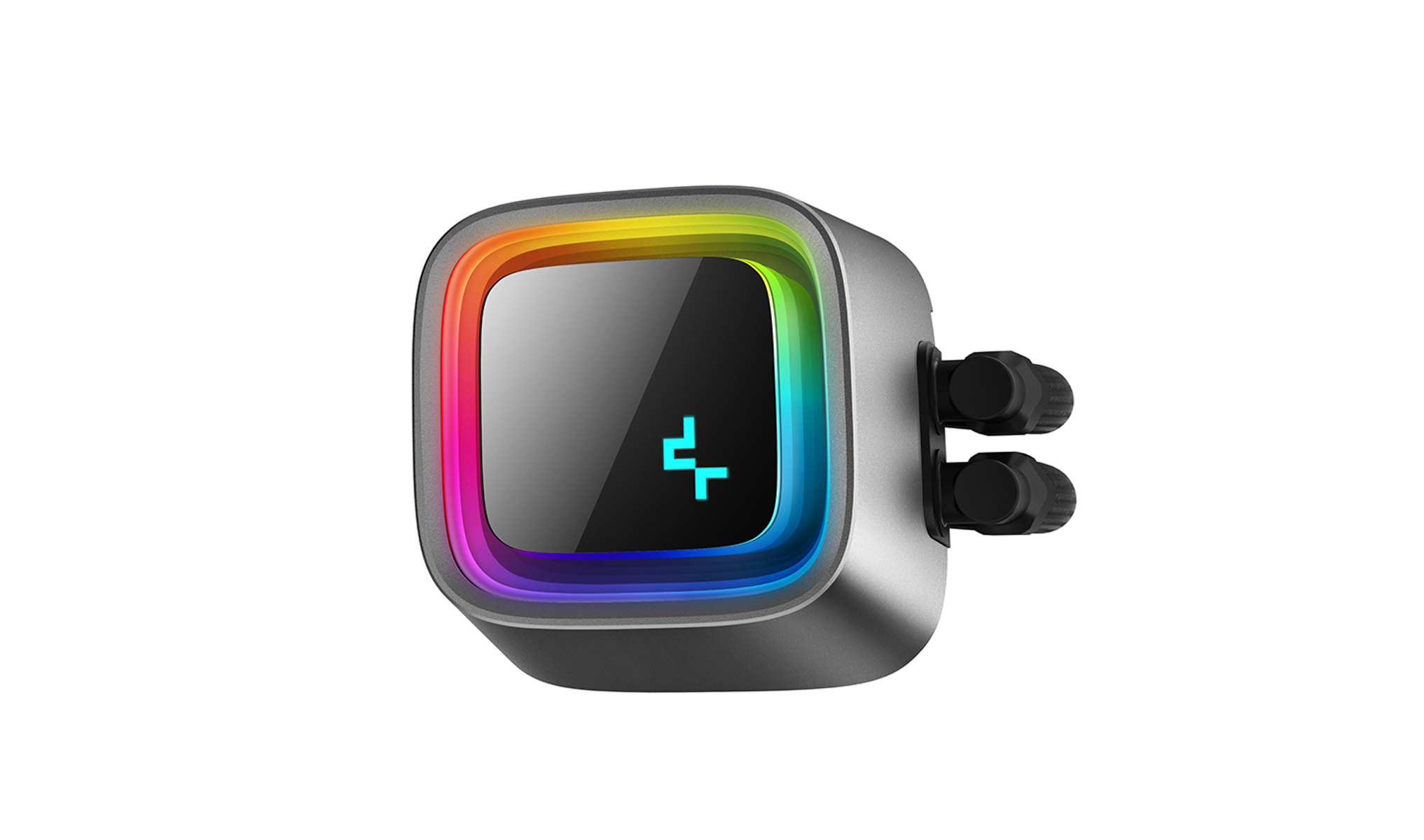 Kwadratowe urządzenie z kolorową obwódką i ciemnym środkiem, z dwoma pokrętłami.